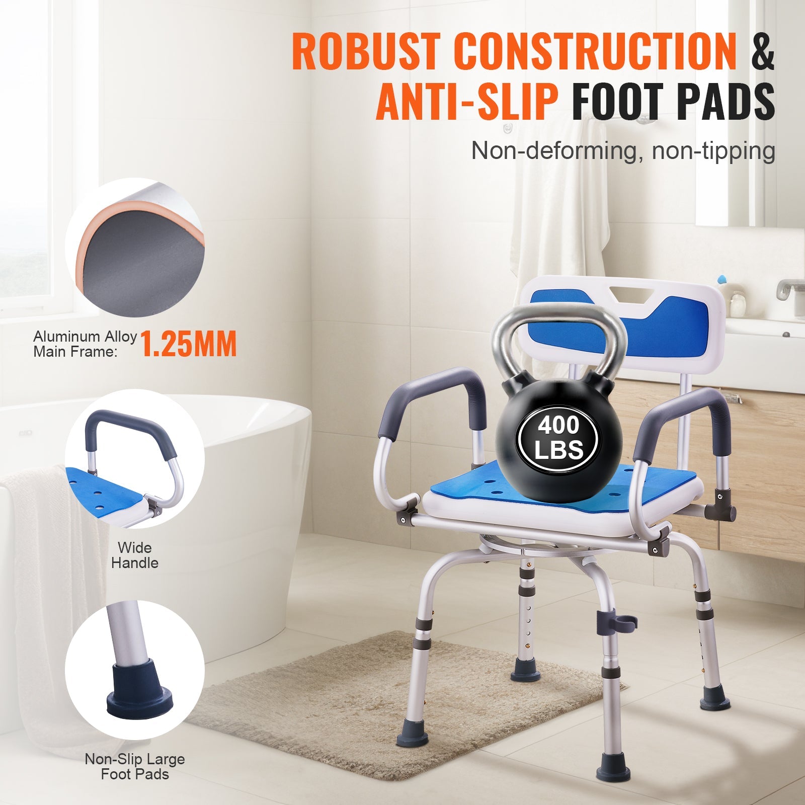 Shower Chair 360 Degree Swivel Aluminum 400 LB Pivoting Arms Adjustable
