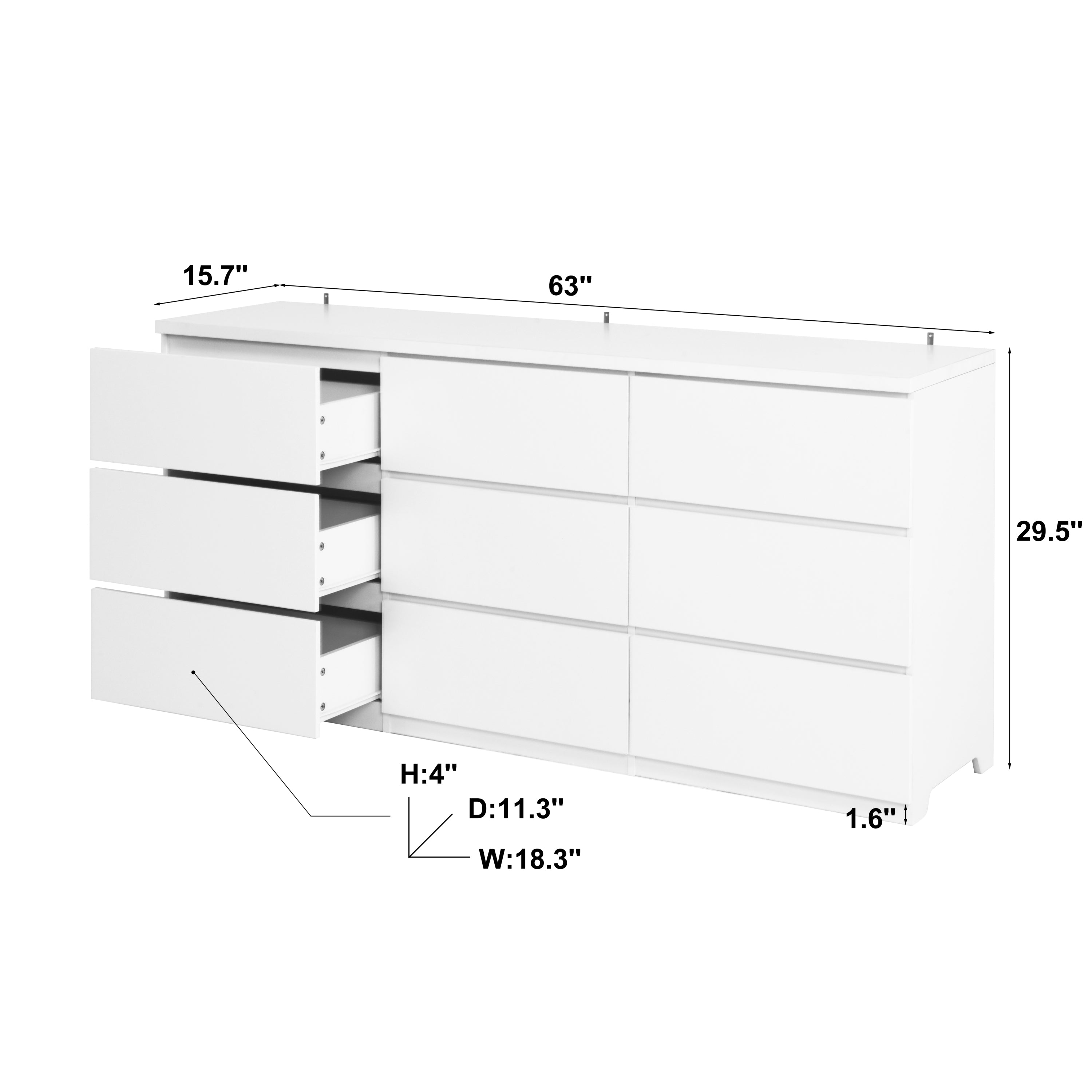 Dresser Modern 9-Drawer White Particle Board Handleless 63x15.74x29.5 In