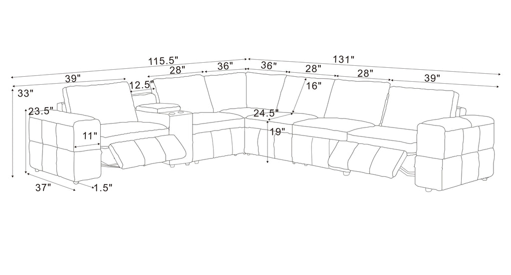 Sectional Sofa Modular Leather Match Ginger 6 Seat Reclining 131 In