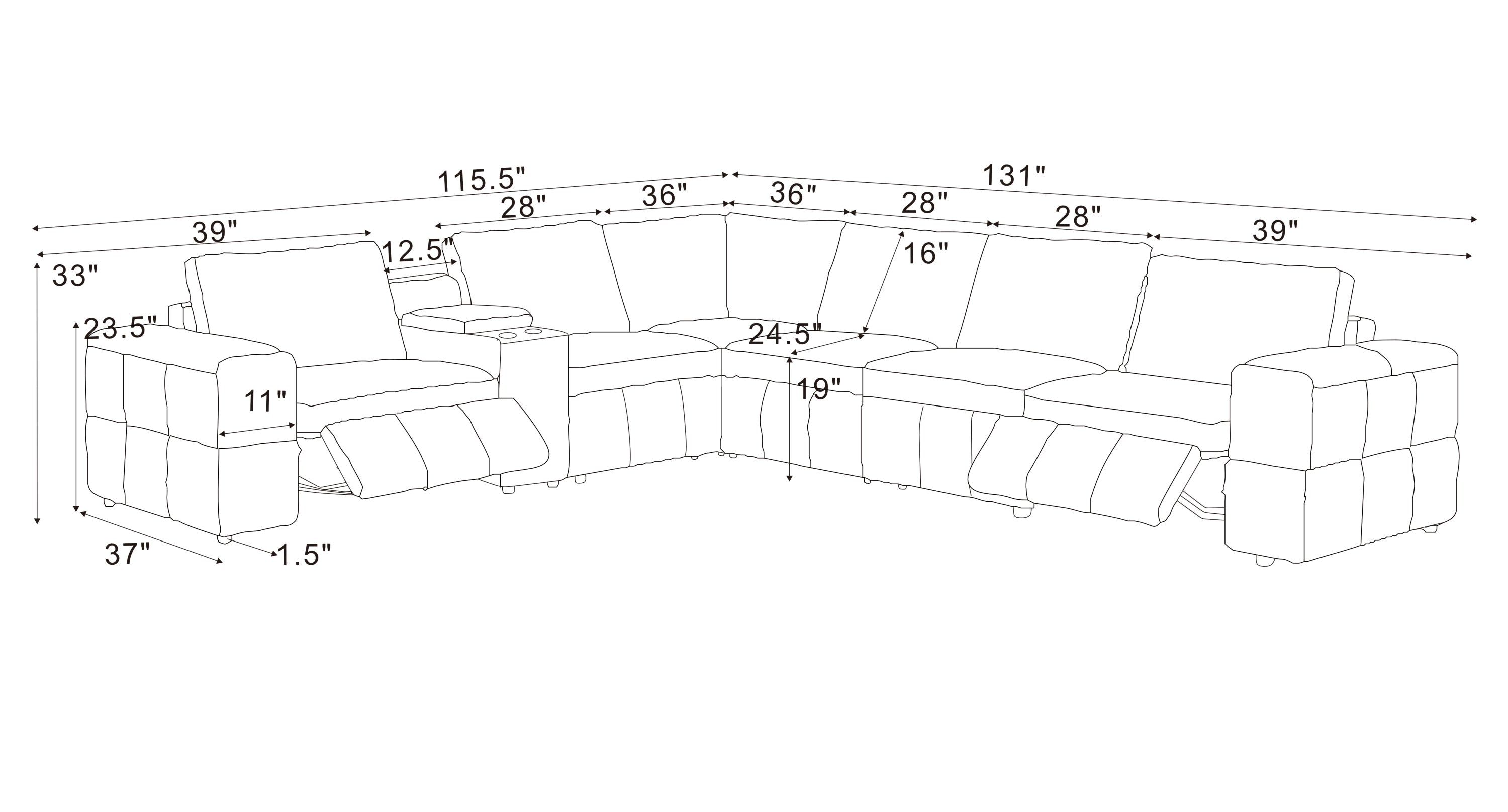 Sectional Sofa Modular Leather Match Ginger 6 Seat Reclining 131 In