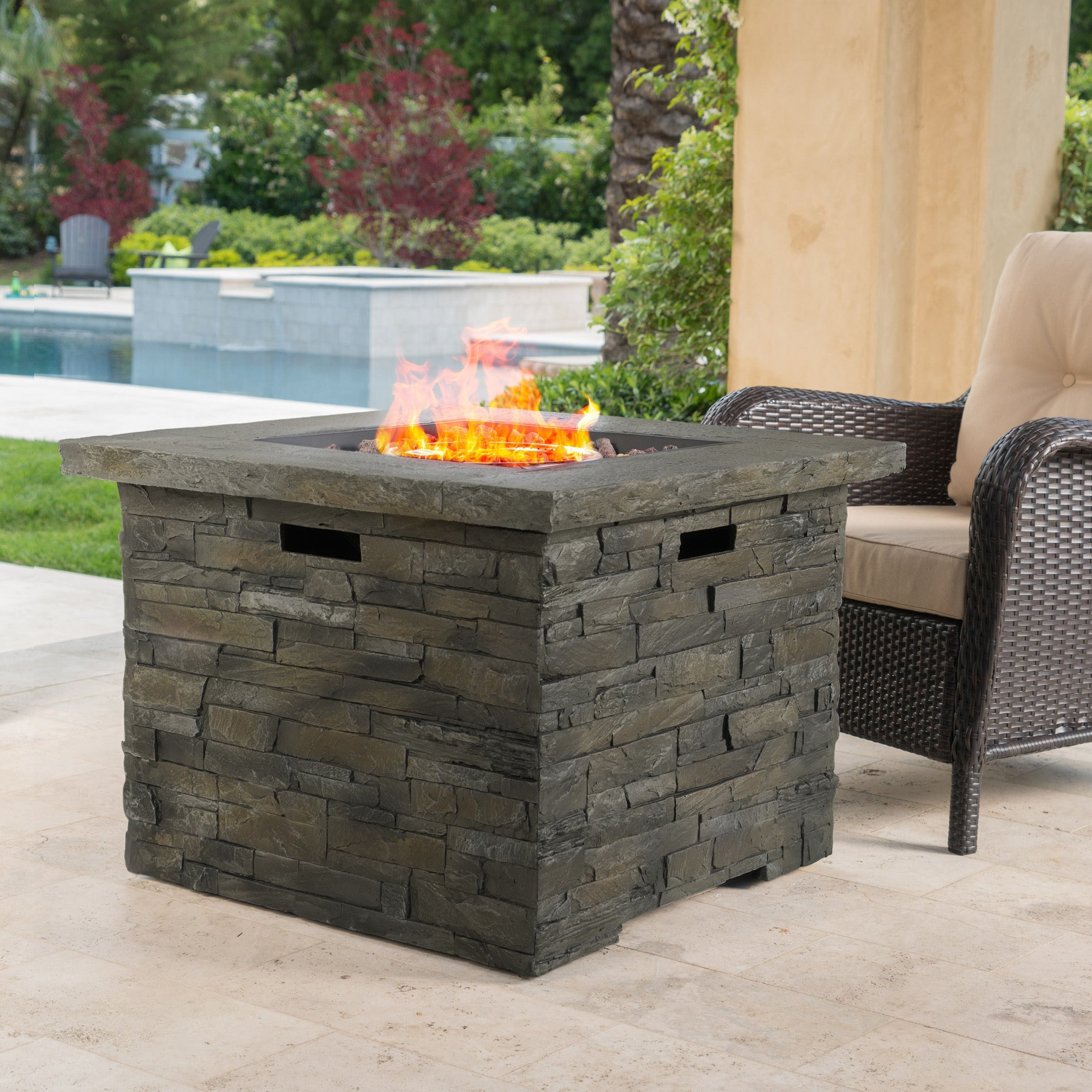 33 in Square MGO Fire Pit 40,000 BTU, Stone Gray Finish with Built-In Tank Space