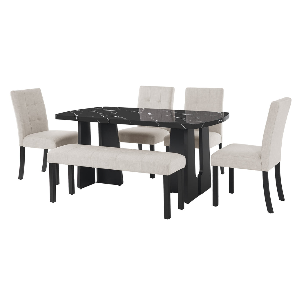 6 Piece Modern Dining Table Set, 63' Faux Marble Dining Table with Geometric