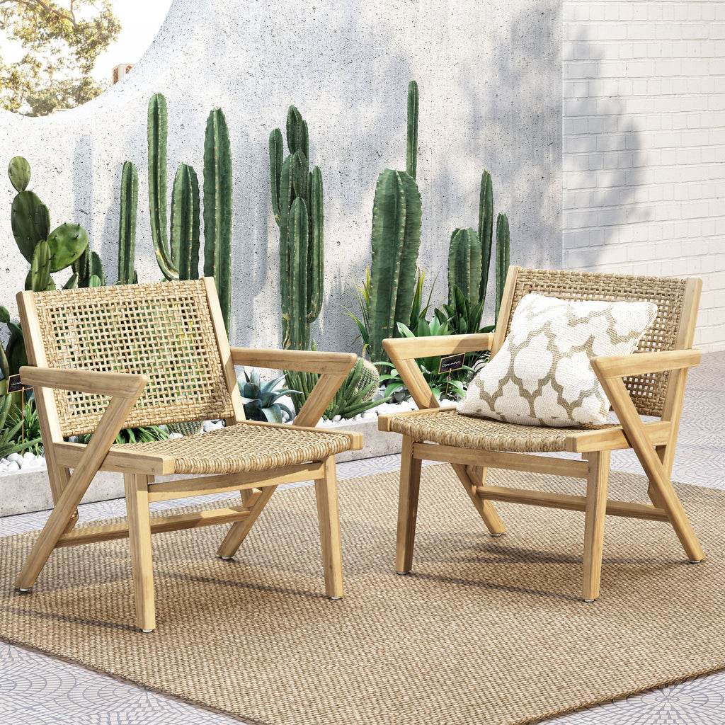 Club Chair Transitional Wicker Light Brown Acacia Frame Set of 2 24x27x28 In