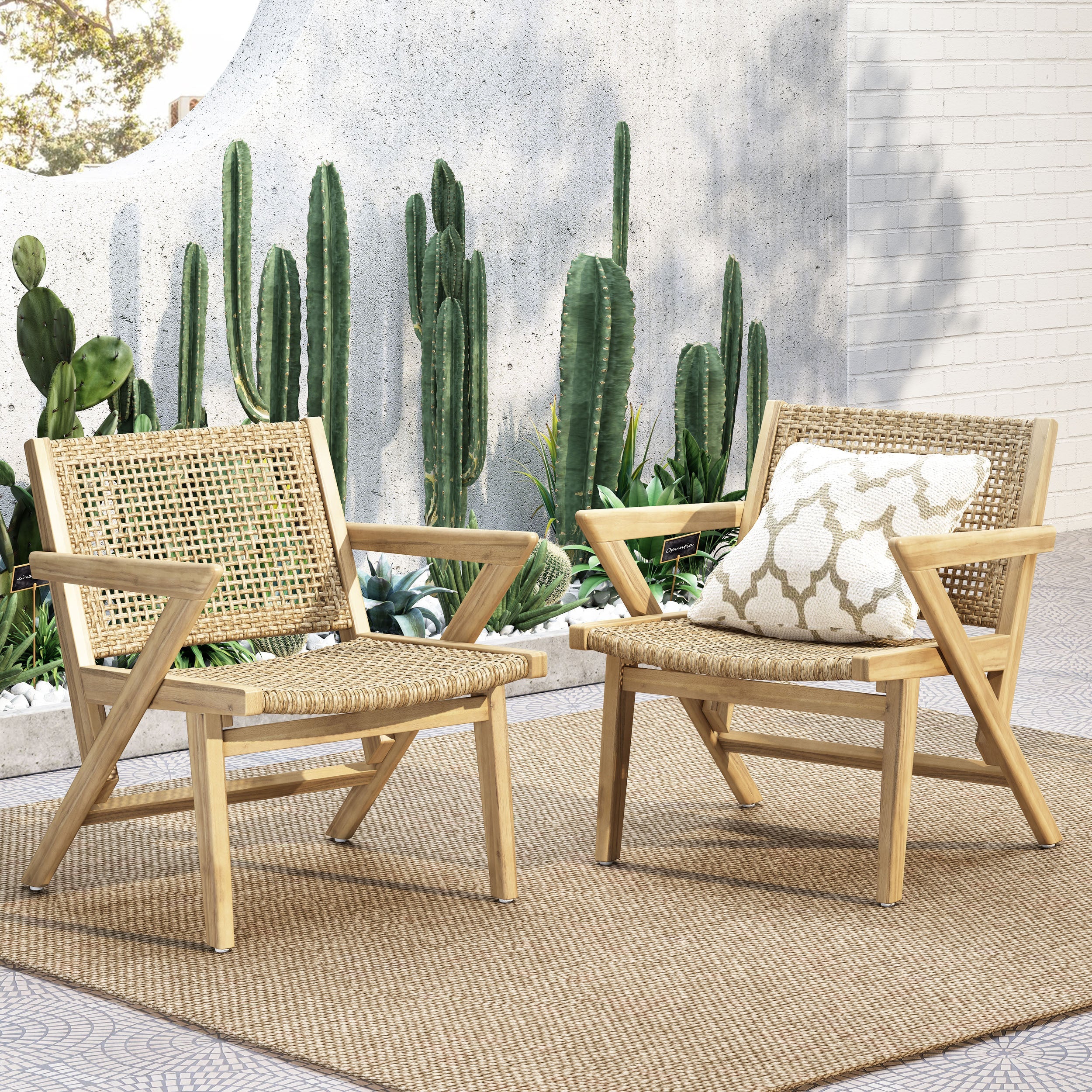 Club Chair Transitional Wicker Light Brown Acacia Frame Set of 2 24x27x28 In