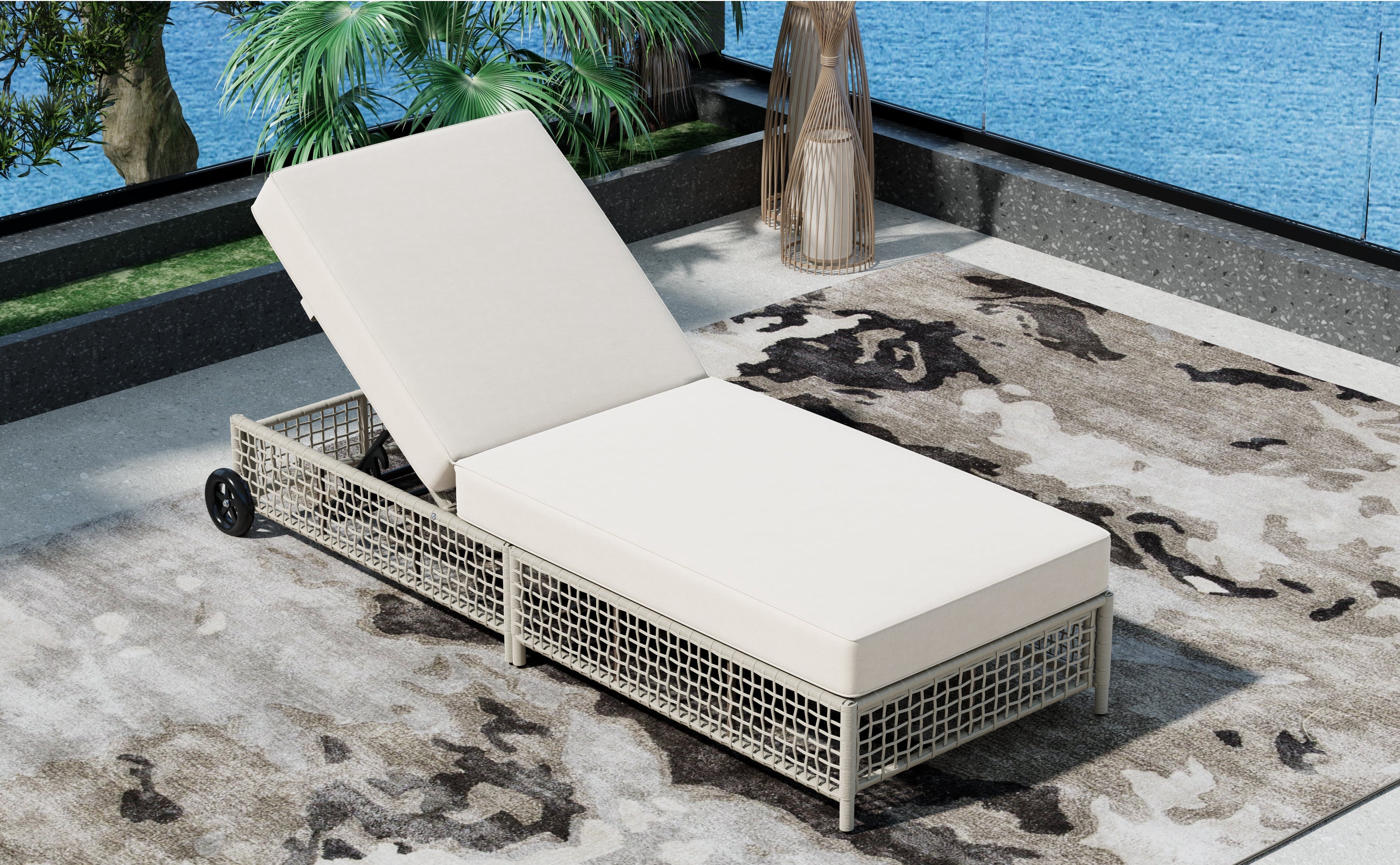 Outdoor Lounge Chair, 5-Position Adjustable Rattan Chaise with Cushion and