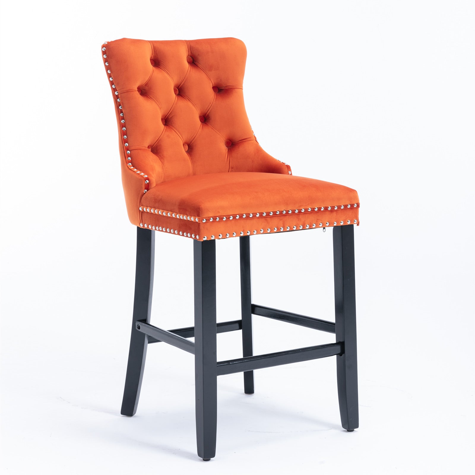 Velvet Upholstered Barstool Set of 2, Button Tufted, Chrome Nailhead, Orange
