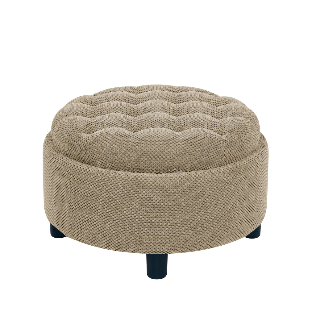 25 Inch Round Storage Ottoman with Wooden Top Side Table, Camel Fabric