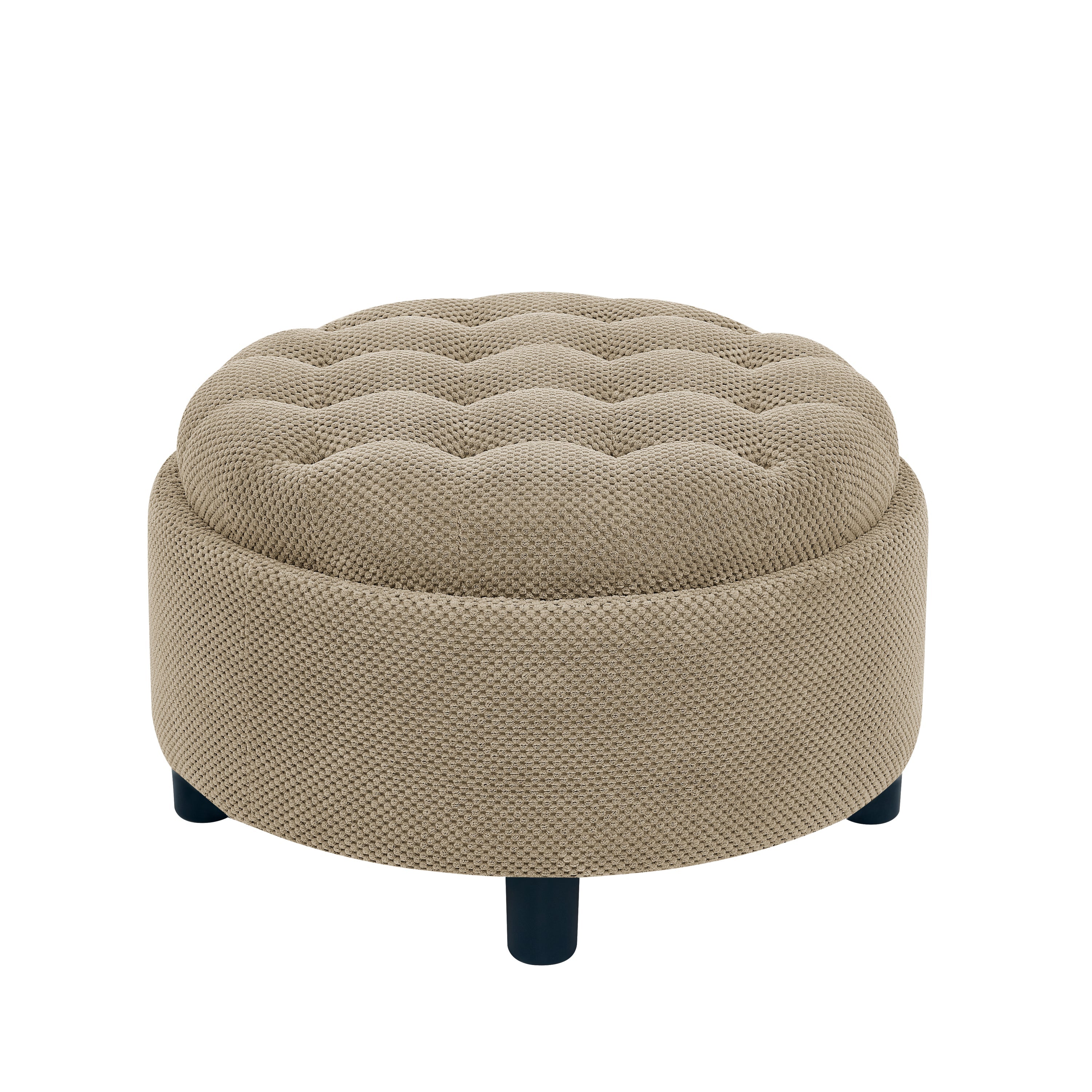 25 Inch Round Storage Ottoman with Wooden Top Side Table, Camel Fabric