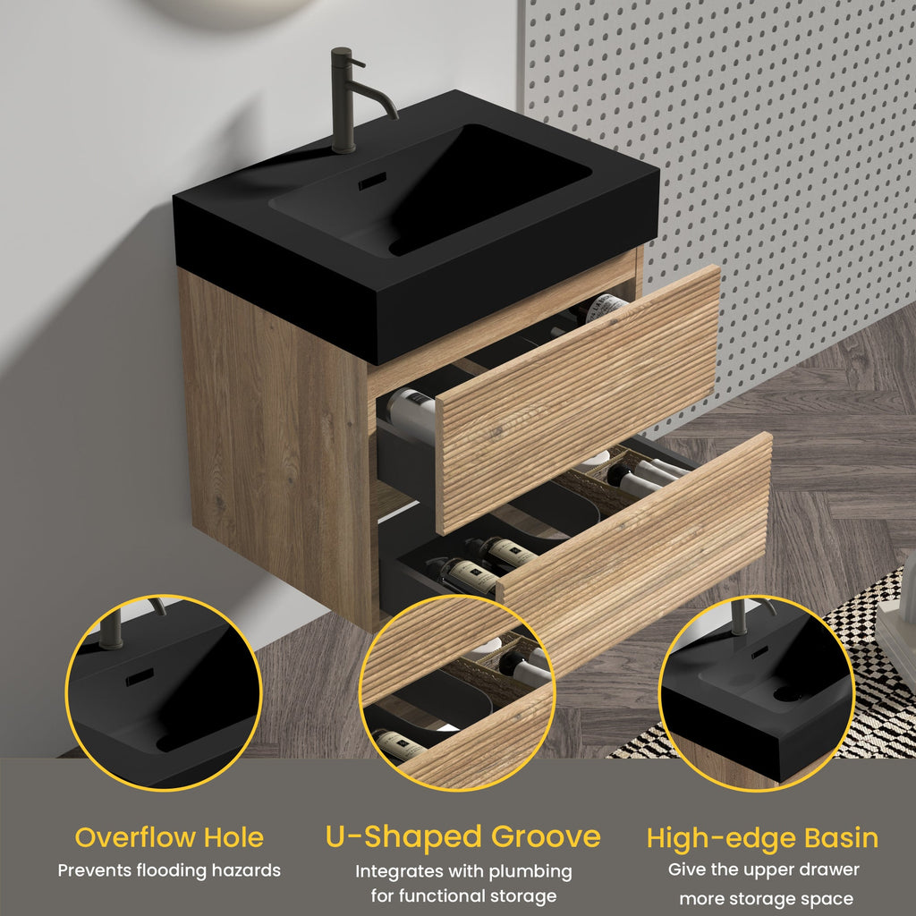 24' Floating Bathroom Vanity with Matte Black Quartz Sink and Oak Drawers