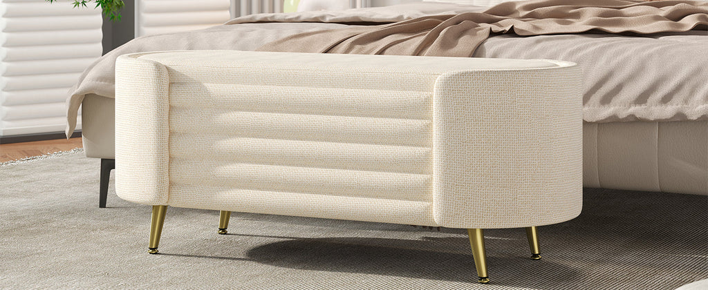 Storage Ottoman Oval Chenille Beige Metal Legs Hidden Storage 44.9x18x18 In