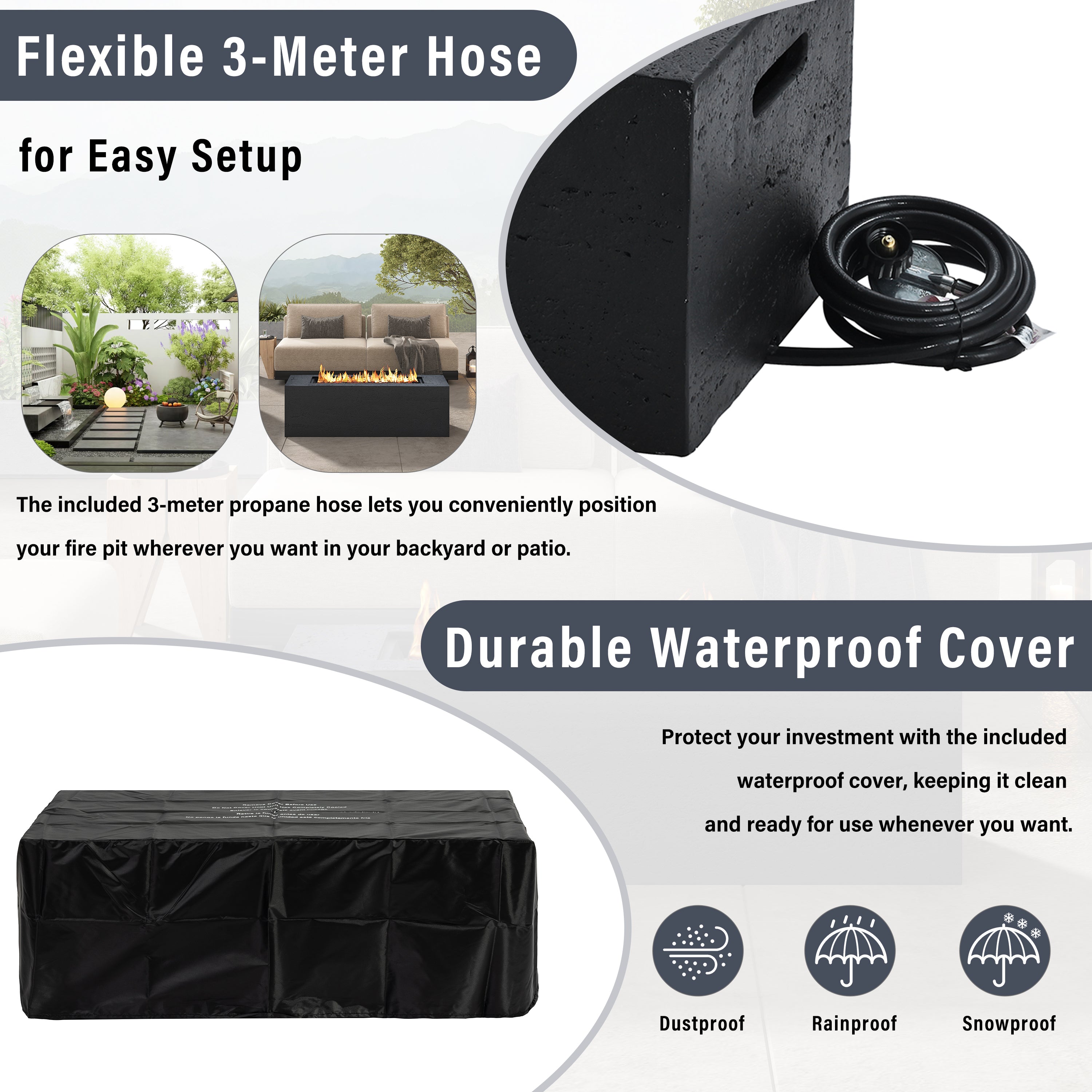 Rectangular Propane Fire Pit 40000 BTU 41.9" Black Gray MGO