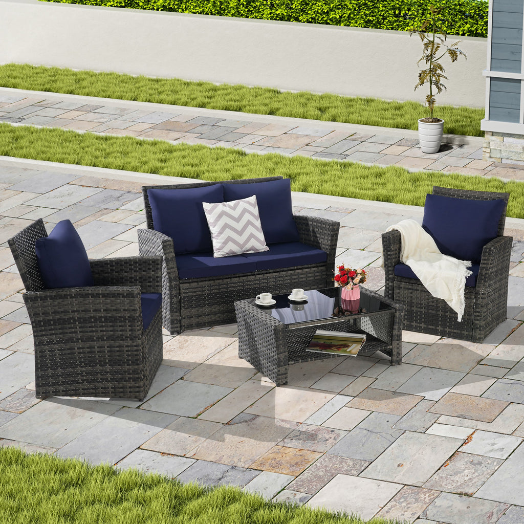 Outdoor Patio Set PE Rattan Steel Dark Blue 4 Piece Glass Seats 4