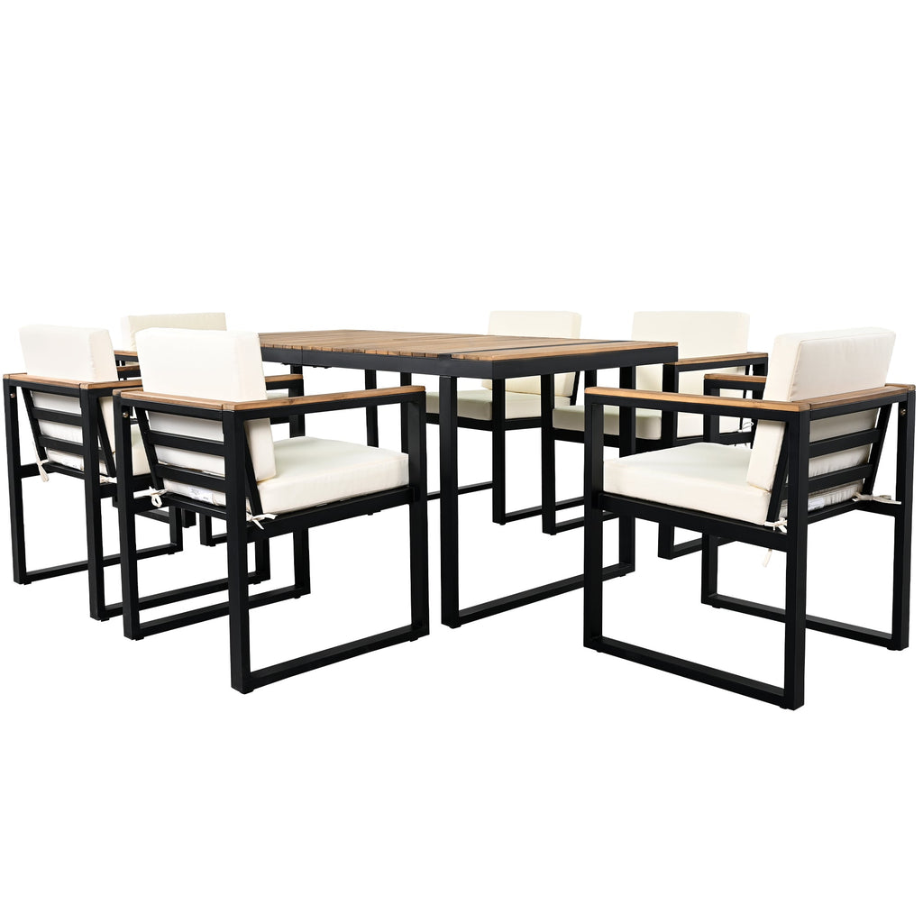 Outdoor Dining Set Acacia Wood Steel Beige Cushion 7 Piece Umbrella Hole