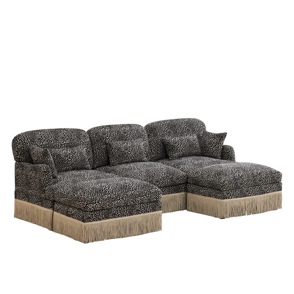 Sectional Sofa Modular Chenille Leopard Print Khaki 4 Seat Deep Seat