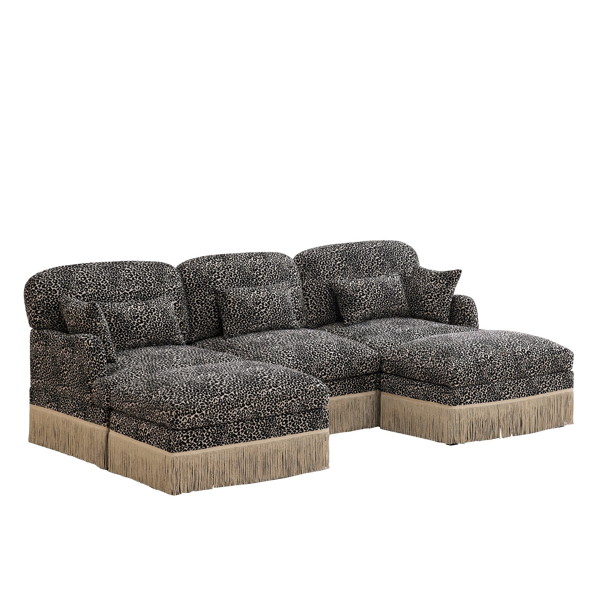 Sectional Sofa Modular Chenille Leopard Print Khaki 4 Seat Deep Seat