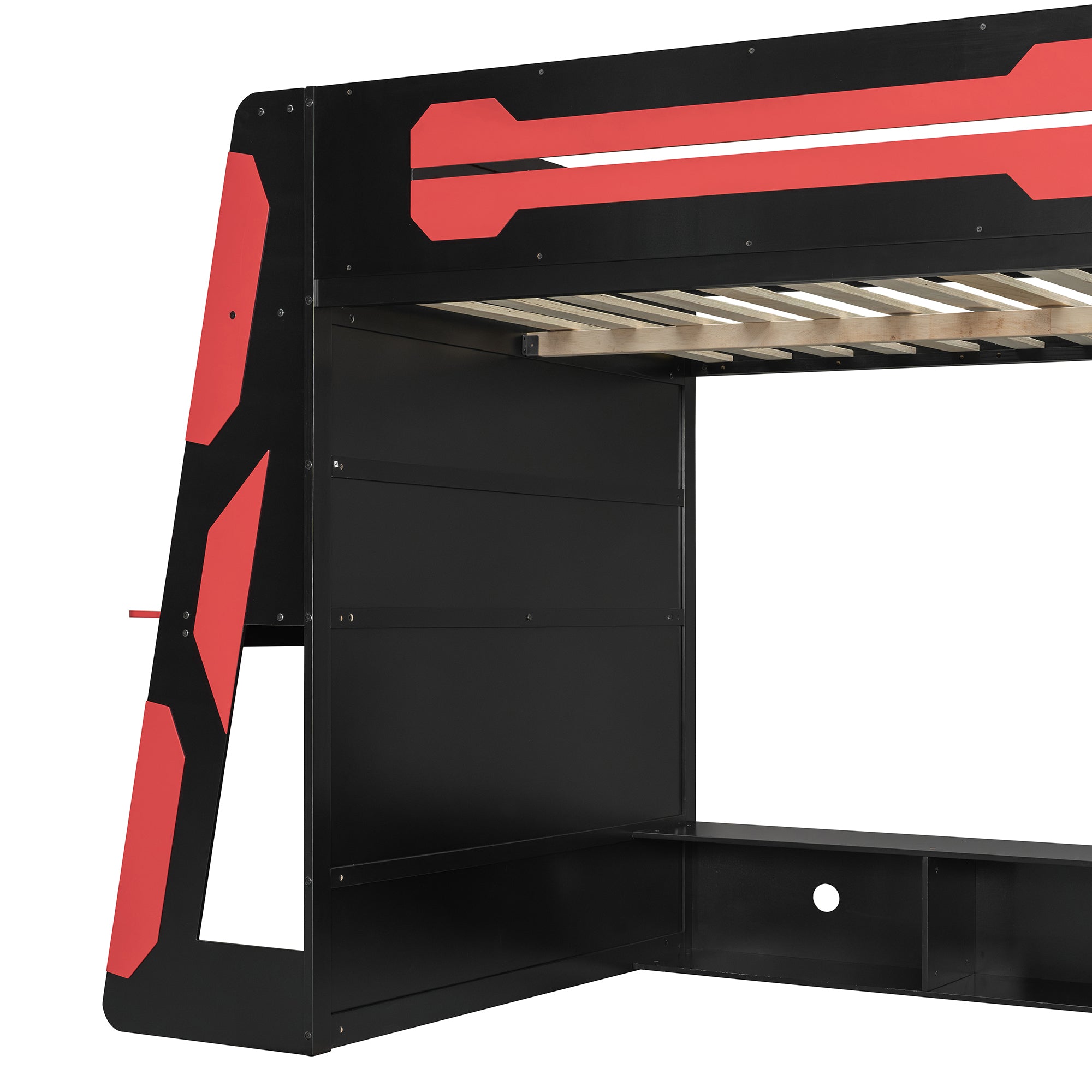 Full Size Wood Loft Bed with Desk, Multi-storage Shelves and RGB Light, Red