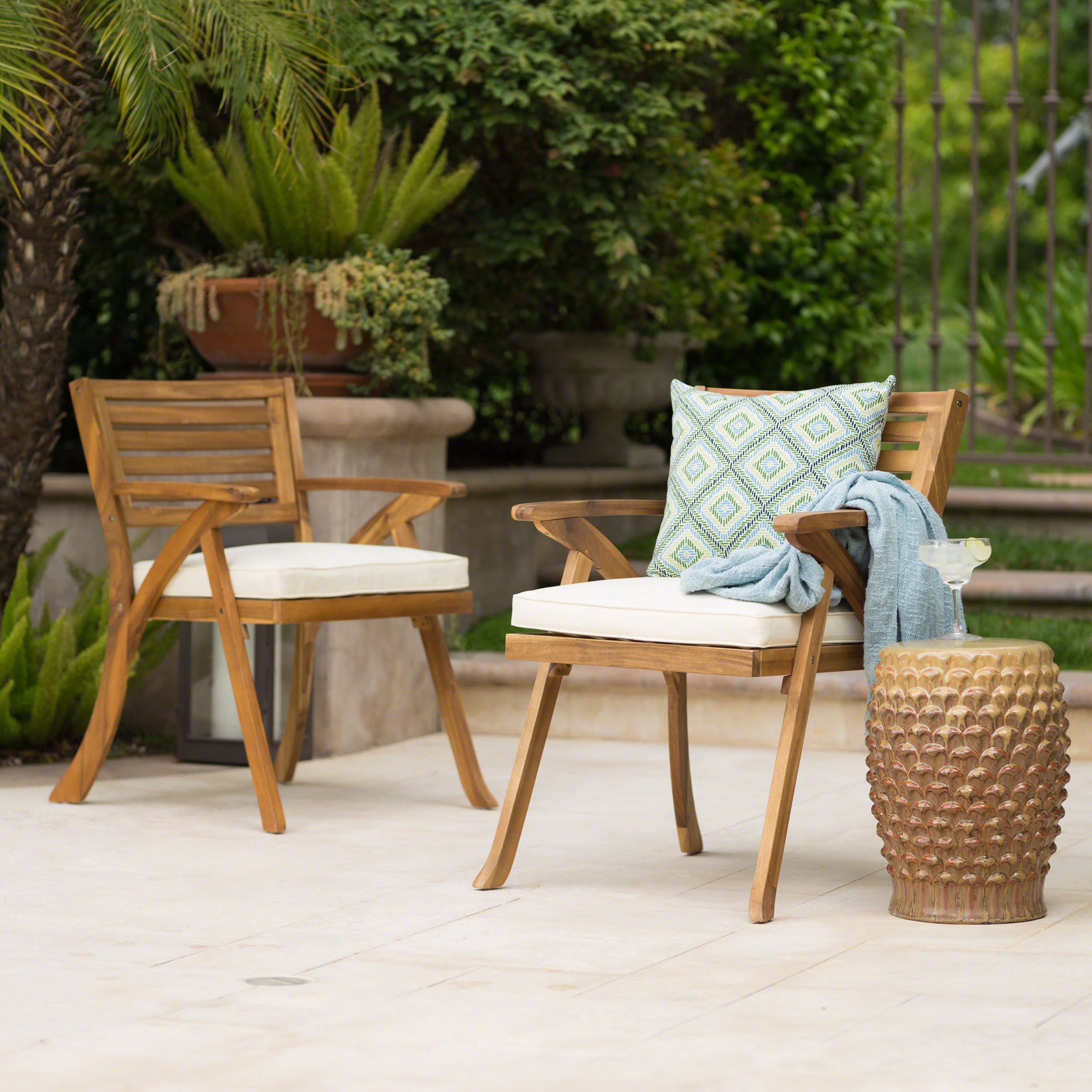 Outdoor Dining Chair Acacia Wood Teak Cream Cushion Set 2 27.5