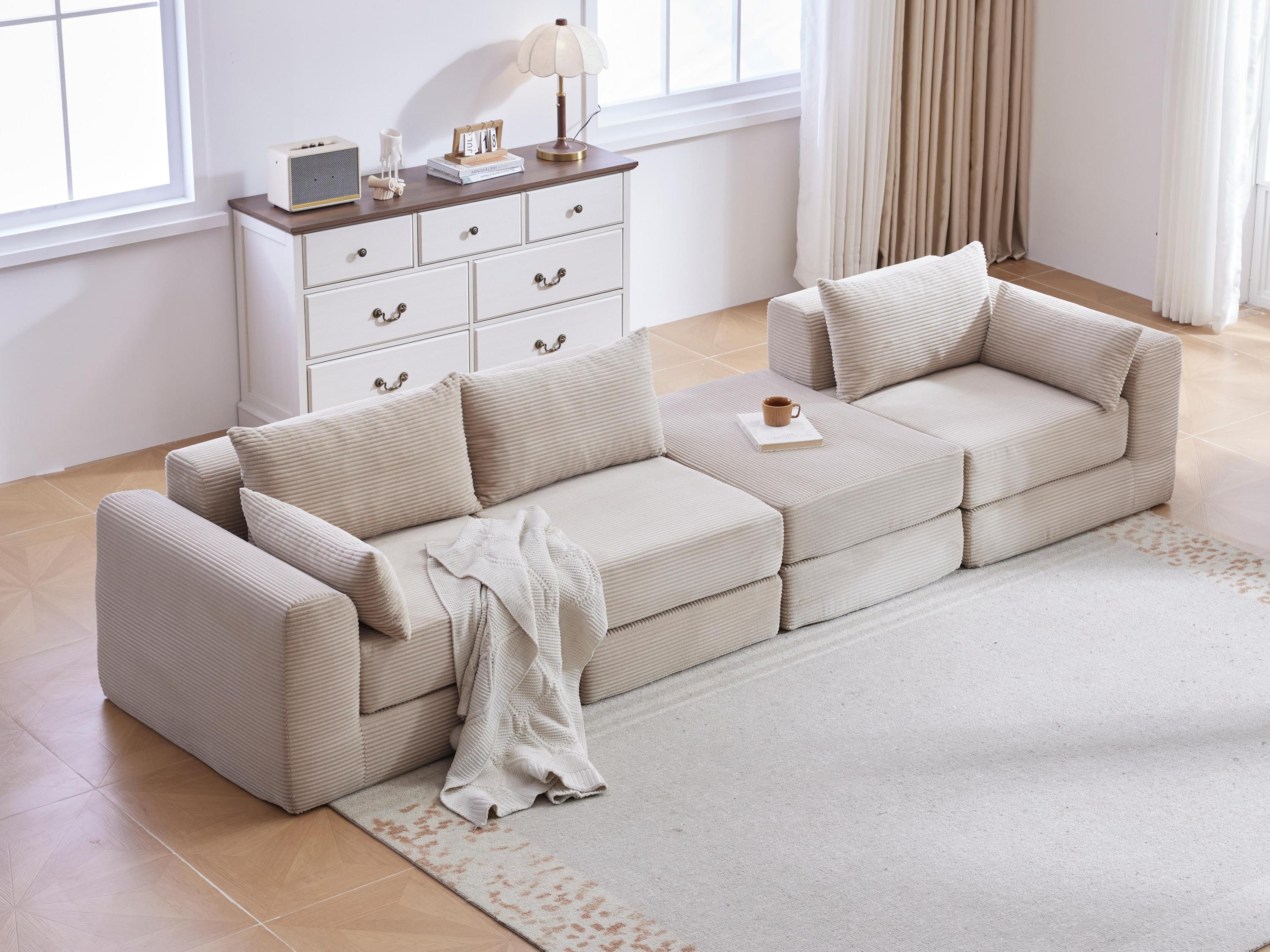 Sectional Sofa L-Shape Fabric Camel 4 Seat 100 In 5 Pillows No Assembly