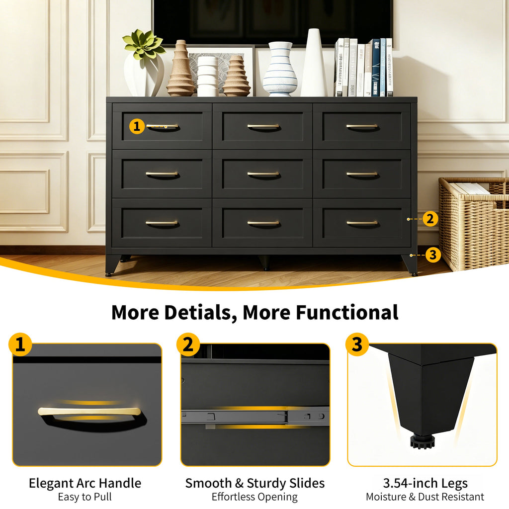 Dresser 9-Drawer Black Steel Smooth-Glide Powder Coat 52x15.8x30 In