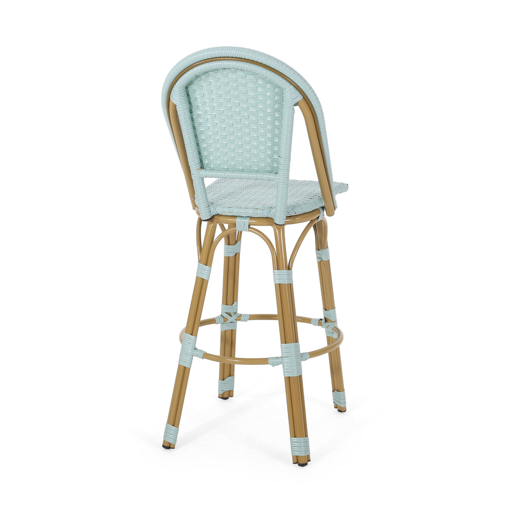 29.5 Inch Outdoor PE Rattan Aluminum French Barstools, Set of 2, Light Teal