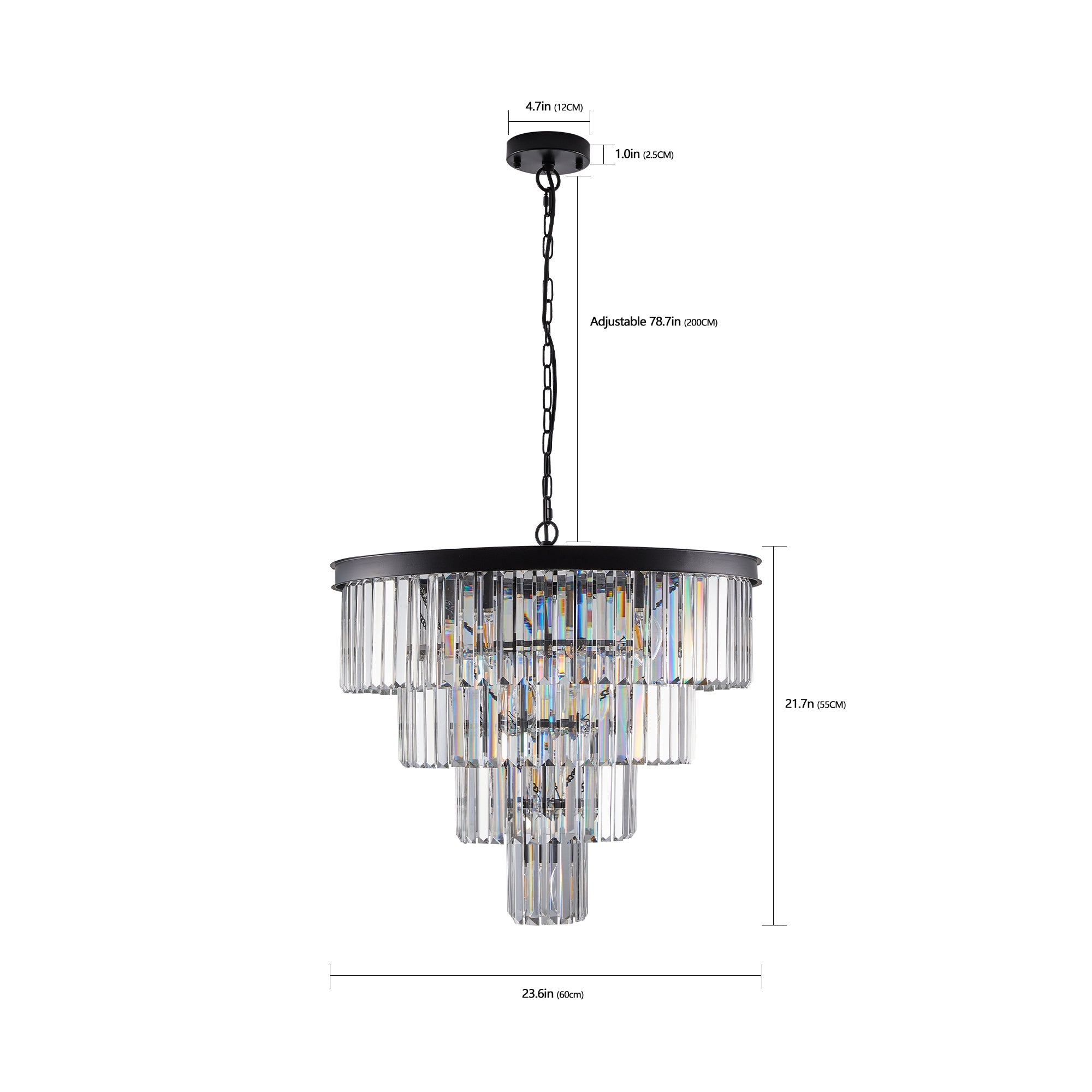 Chandelier Crystal 4-Tier Black 24 In Modern Living Dining Room