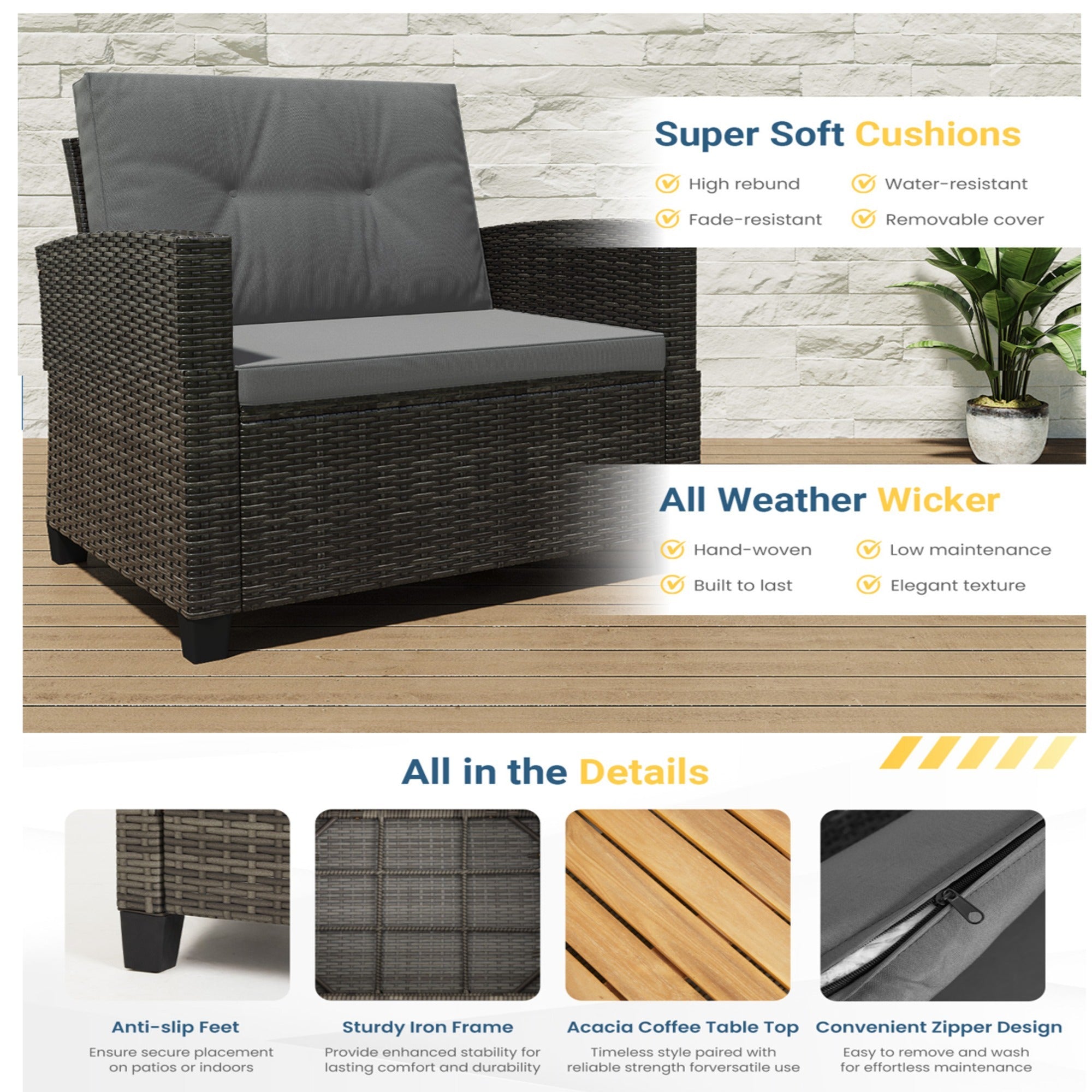 Outdoor Patio Set PE Rattan Gray 4 Piece Loveseat Chairs Acacia Table