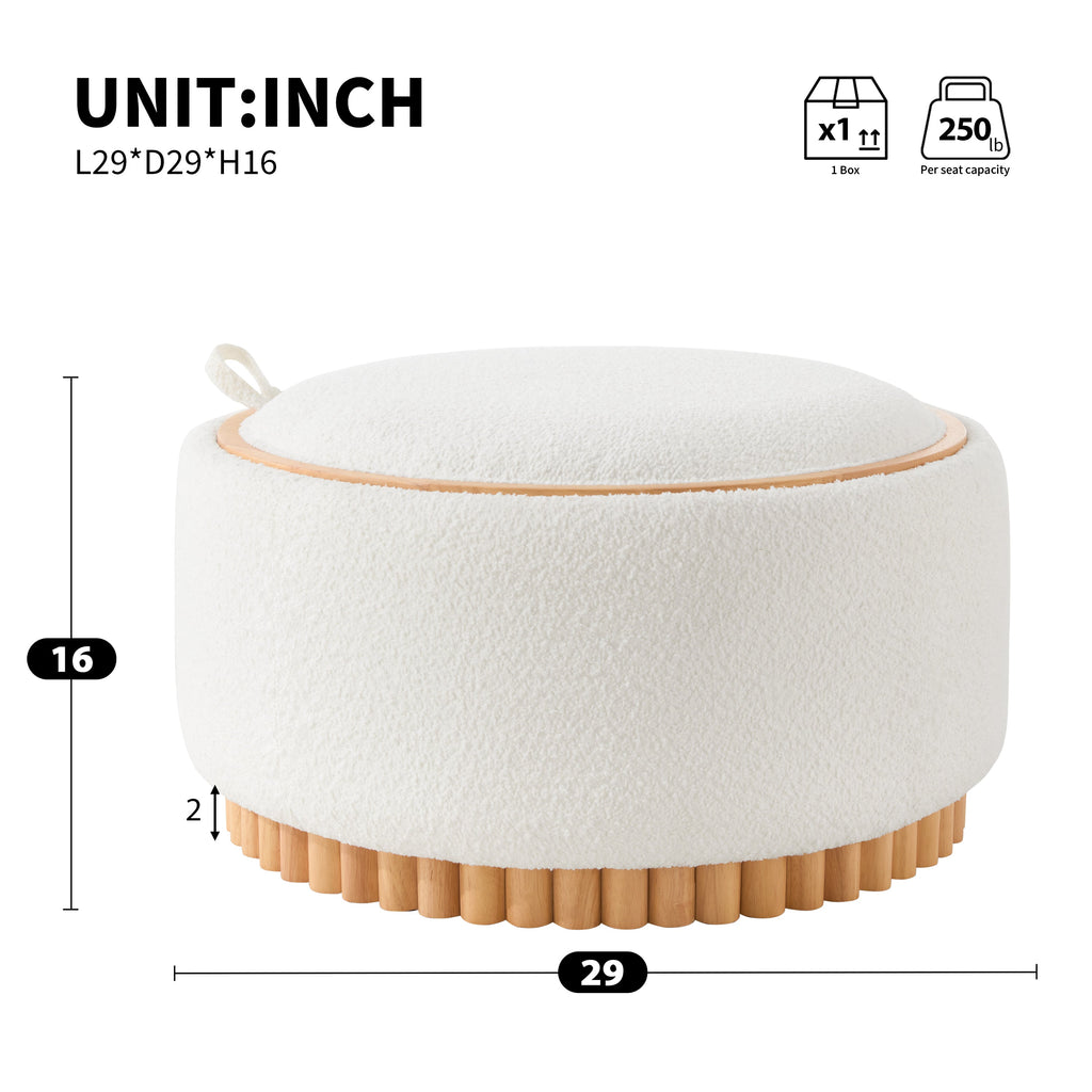 29' Round Storage Ottoman with Solid Wood Legs, Boucle Fabric, No Assembly