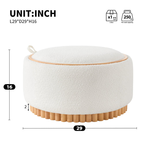 29' Round Storage Ottoman with Solid Wood Legs, Boucle Fabric, No Assembly