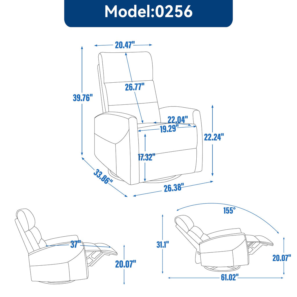 Manual Recliner Chair with Rocker and Swivel in Fabric for Living Room, Grey
