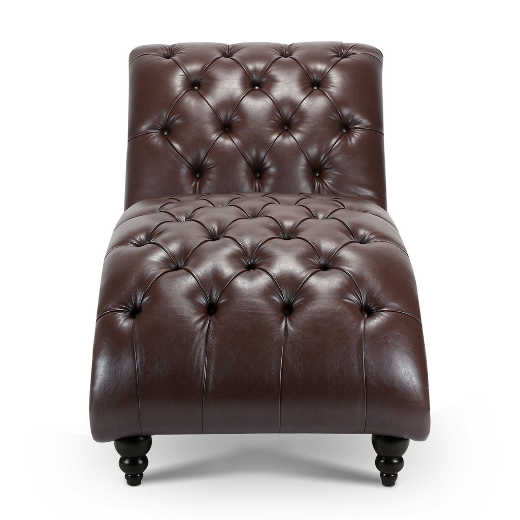 Chaise Lounge Armless PU Leather Dark Brown Tufted Foam Birch Legs 220 LB