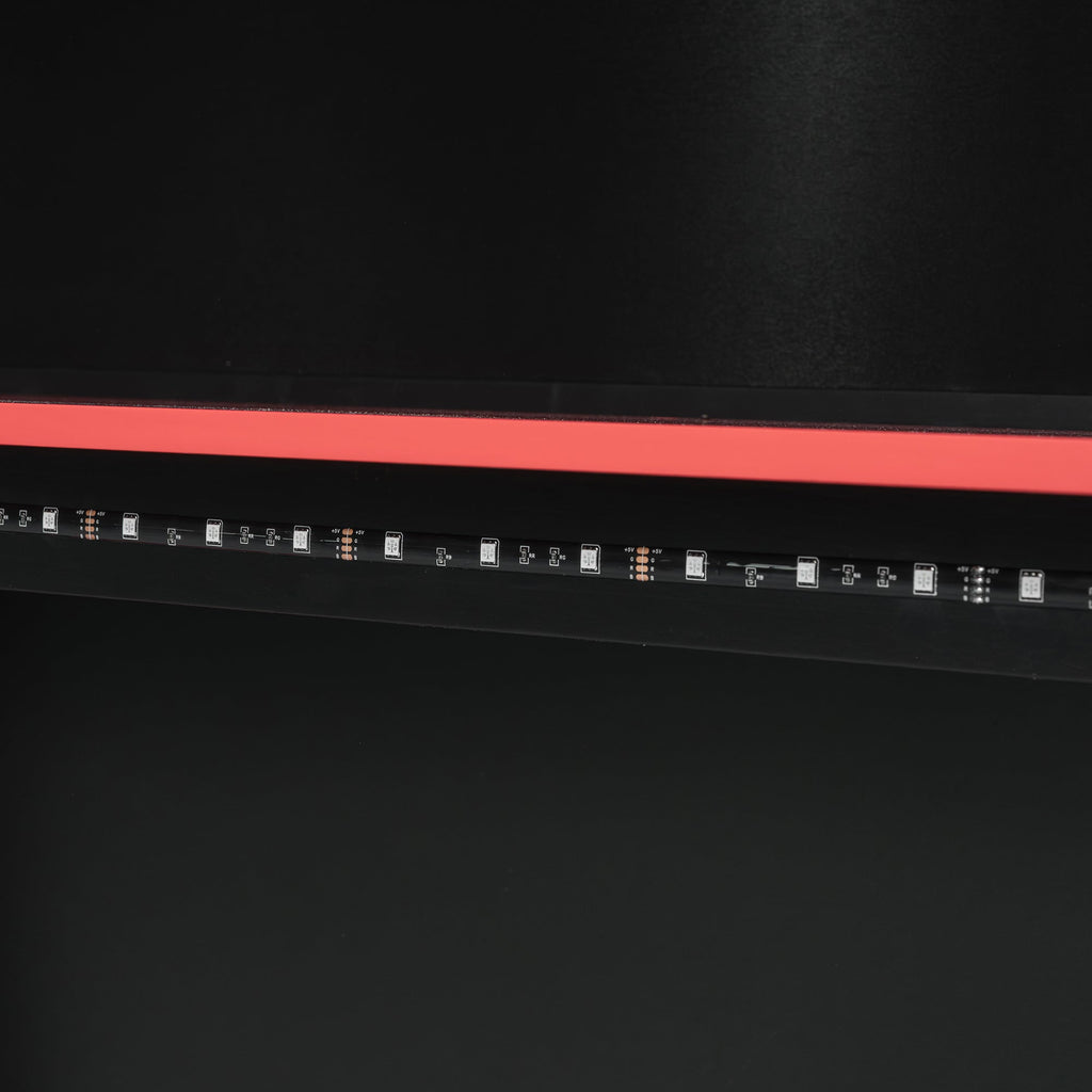 Full Size Wood Loft Bed with Desk, Multi-storage Shelves and RGB Light, Red