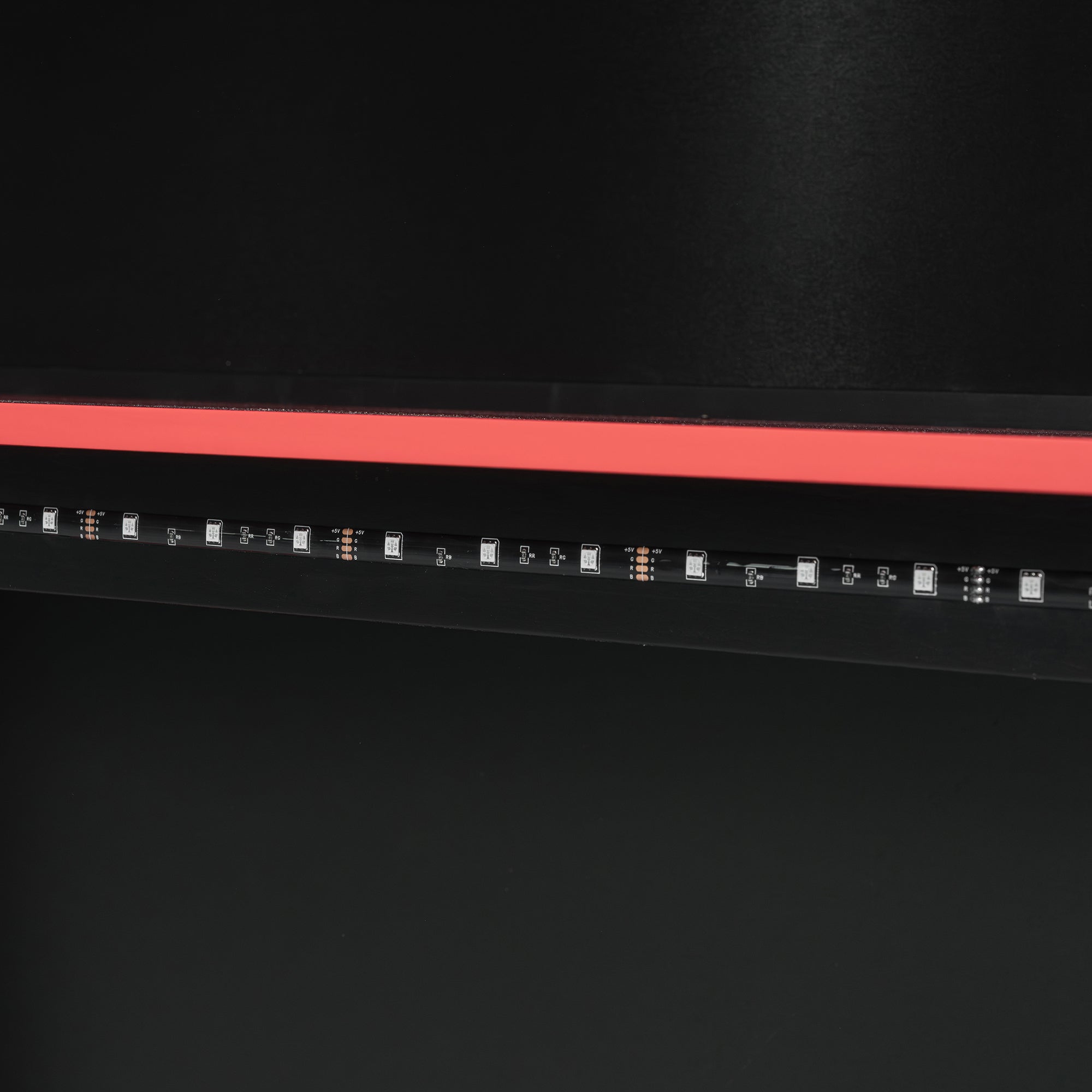 Full Size Wood Loft Bed with Desk, Multi-storage Shelves and RGB Light, Red