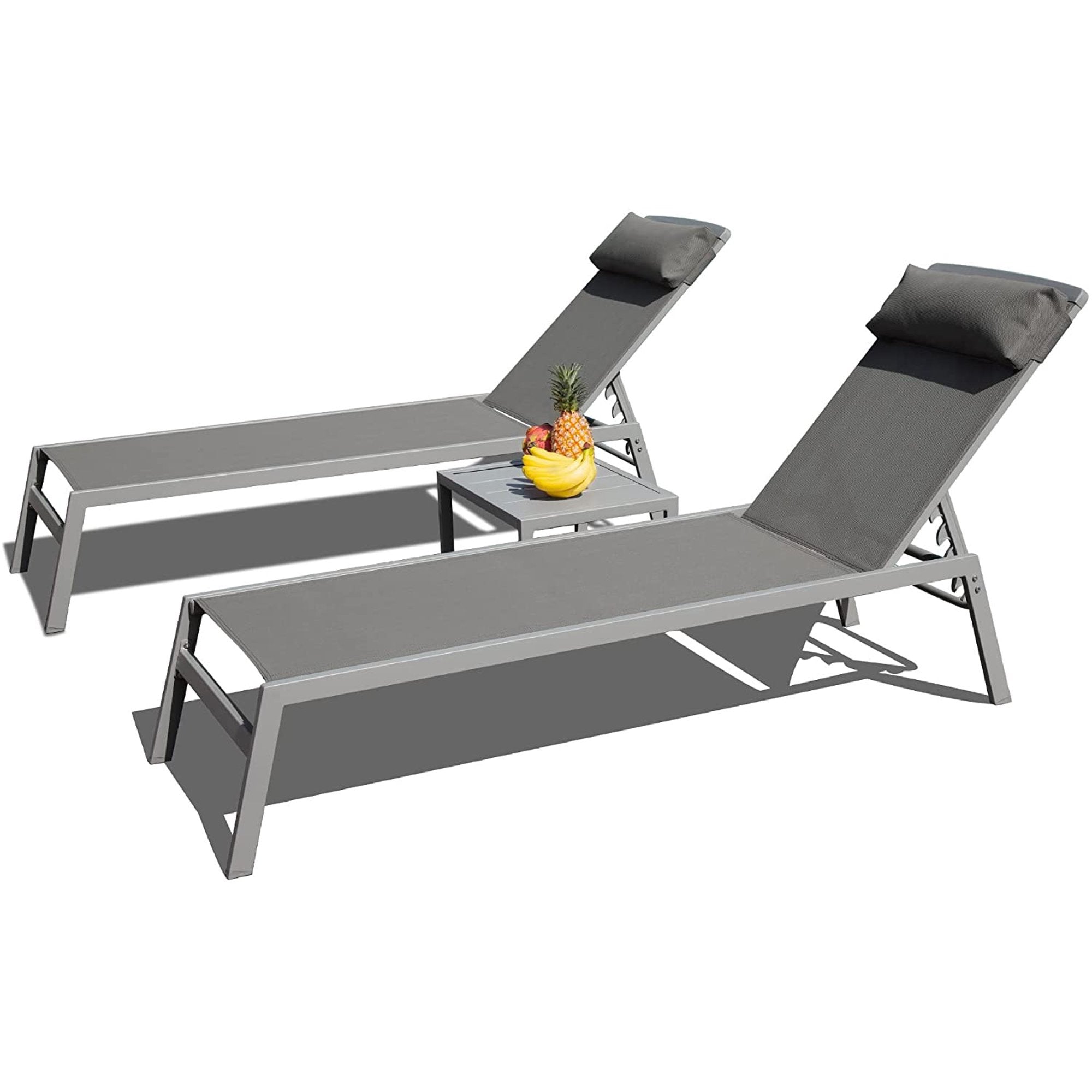 3 Piece Aluminum Chaise Lounge Set Gray Textilene 5 Position