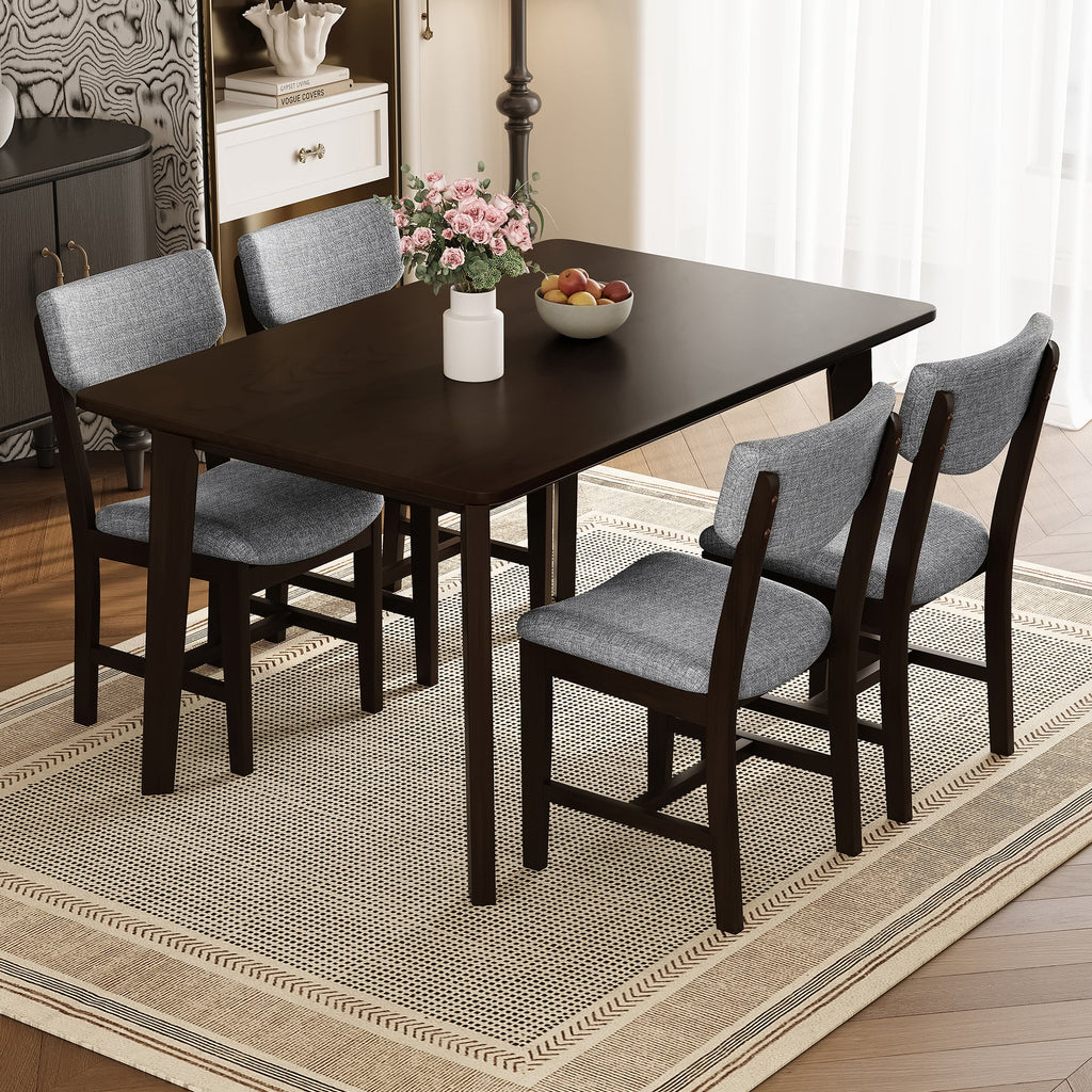 Rustic 5-Piece Dining Set - 1 Solid Wood Table + 4 Upholstered Chairs,
