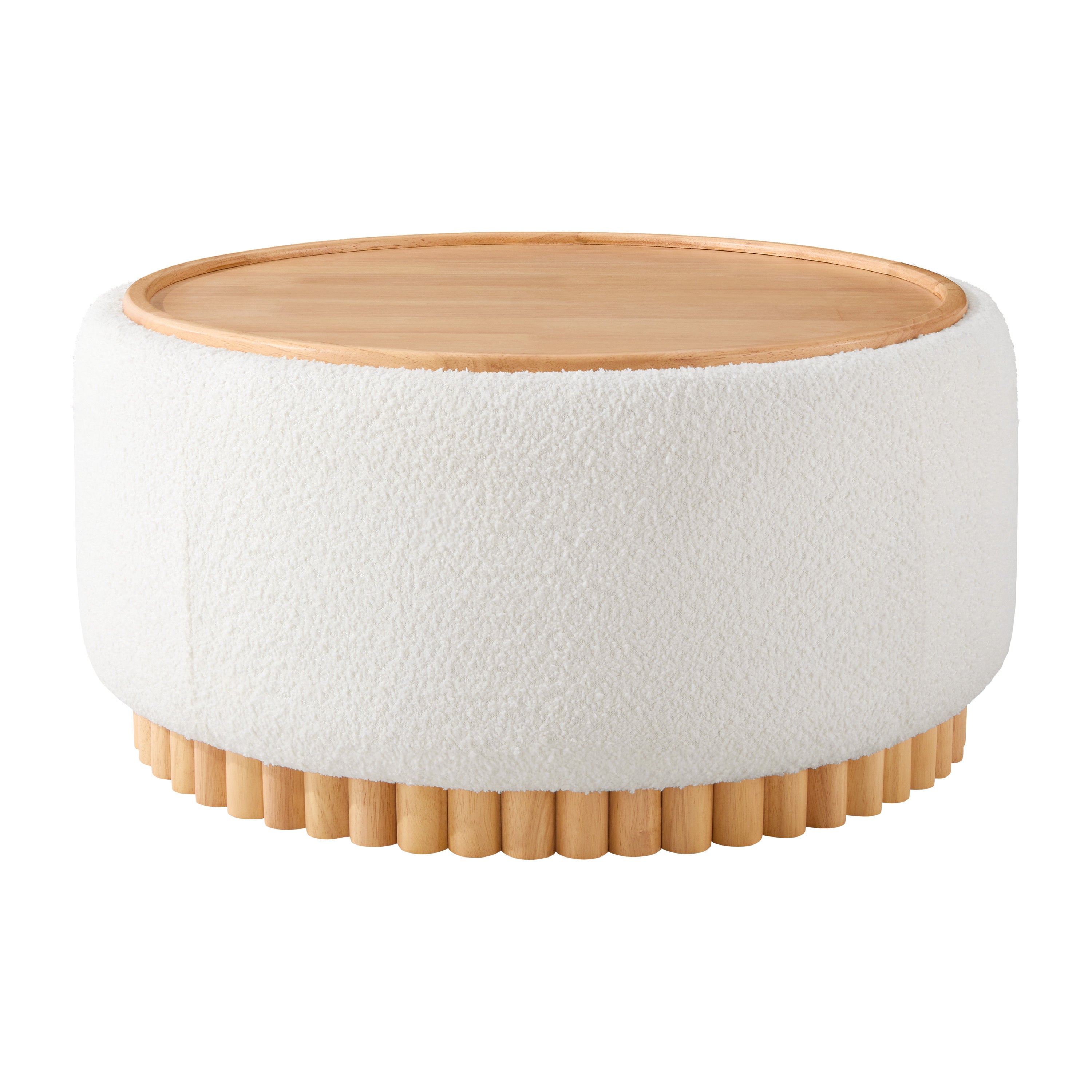 29' Round Storage Ottoman with Solid Wood Legs, Boucle Fabric, No Assembly