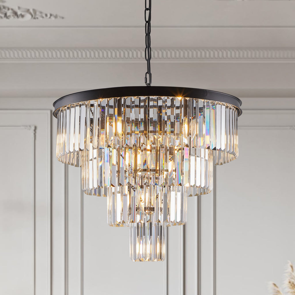 Chandelier Crystal 4-Tier Black 24 In Modern Living Dining Room
