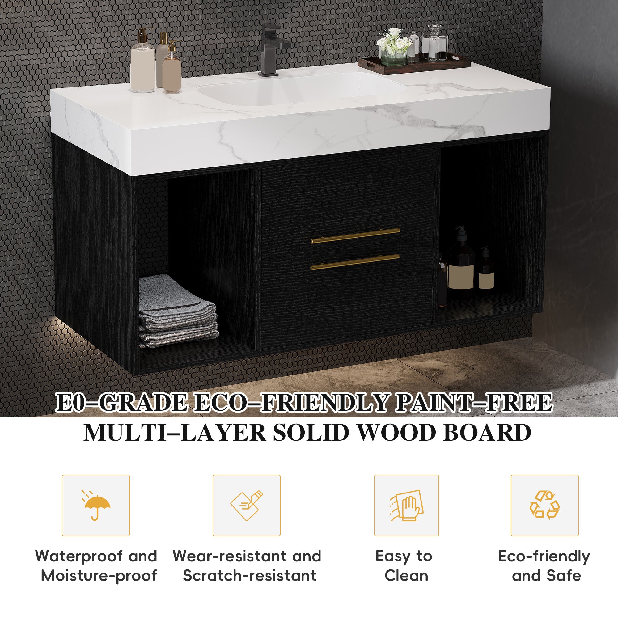 39.4' Floating Bathroom Vanity with Ceramic Sink, 2 Drawers and 2 Open Shelves