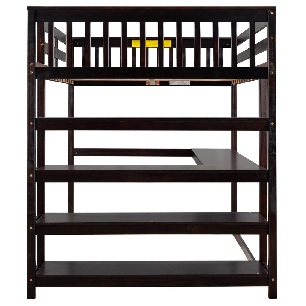 Espresso Full Size Loft Bed with Storage Shelves and Under-bed Desk, Solid Pi...