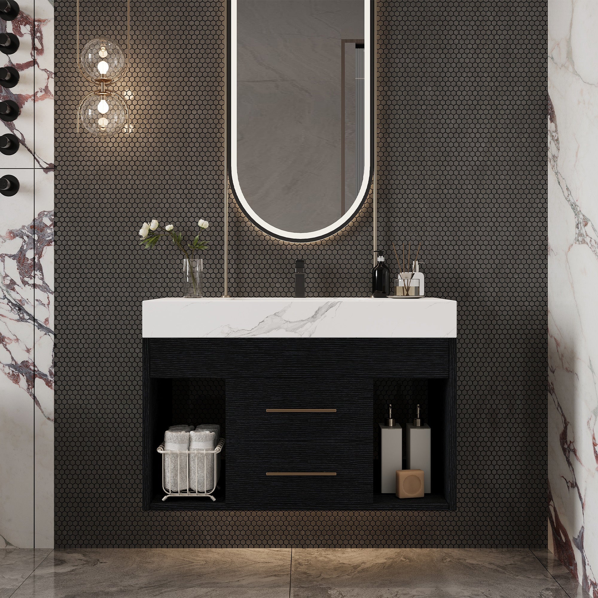 29.9' Modern Floating Bathroom Vanity with Sintered Stone Top Ceramic Undermo...