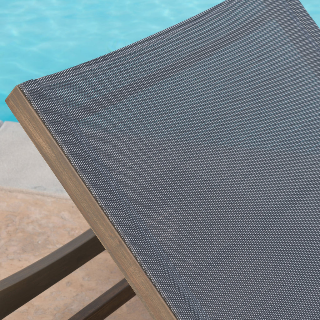 Outdoor Acacia Wood Chaise Lounge Gray Mesh 78.25x24