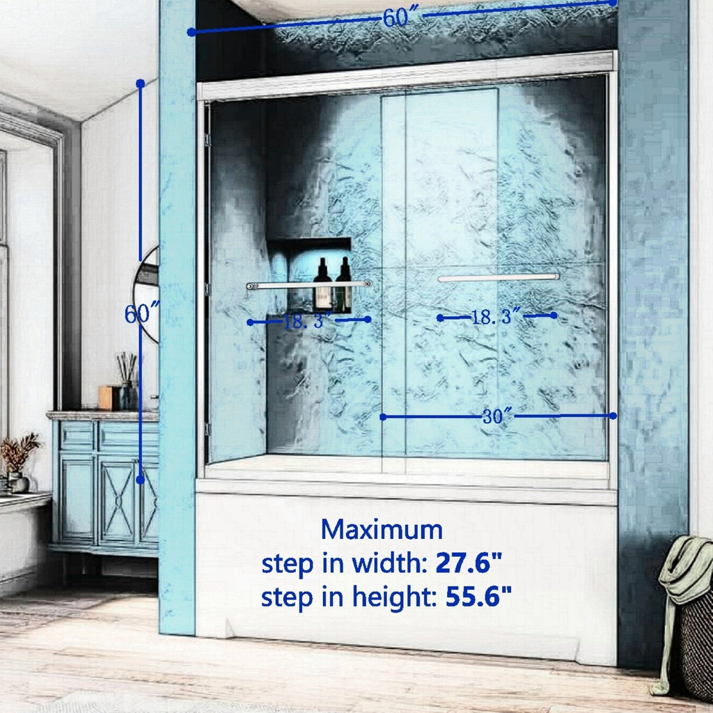 56-60in W x 60in H Double Sliding Tub Shower Door, Chrome Aluminum, 6mm Glass
