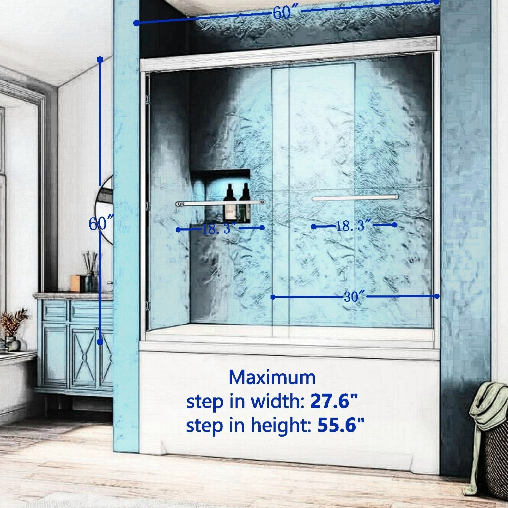 56-60in W x 60in H Double Sliding Tub Shower Door, Chrome Aluminum, 6mm Glass