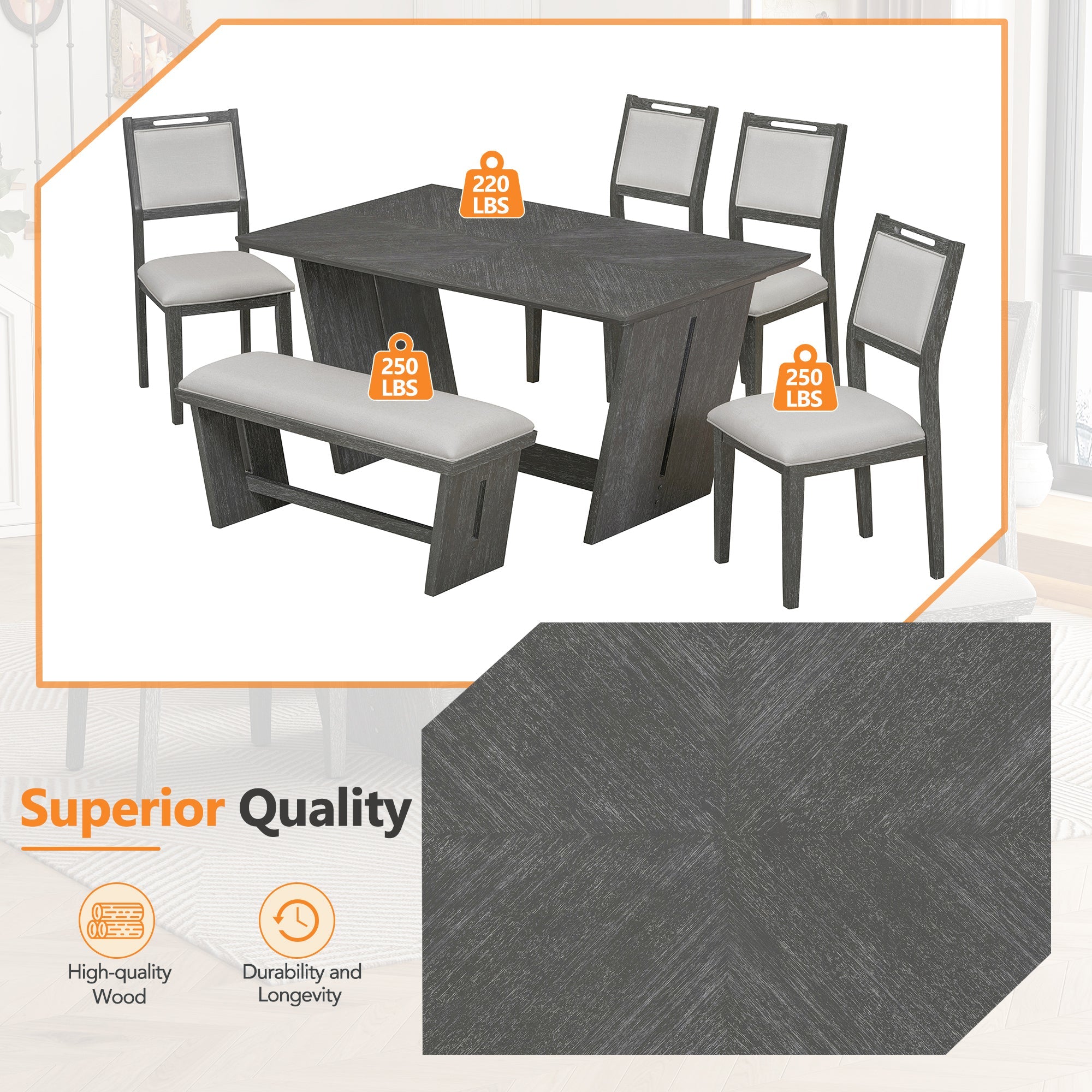 6-Piece Retro Dining Table Set for 6, 60' Wood Kitchen Table and Chairs Set of