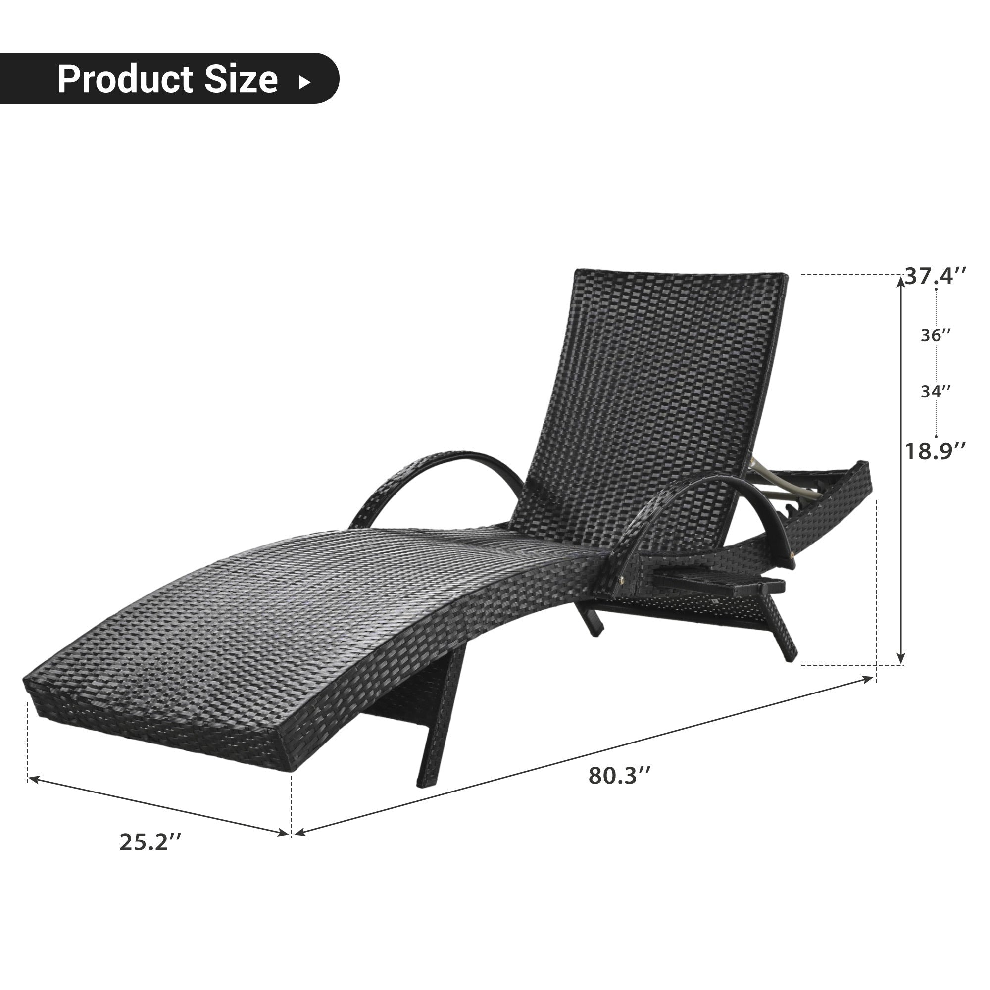 2-Piece Wicker Chaise Lounge Set w/ Pull-Out Table 5-Position 470lb