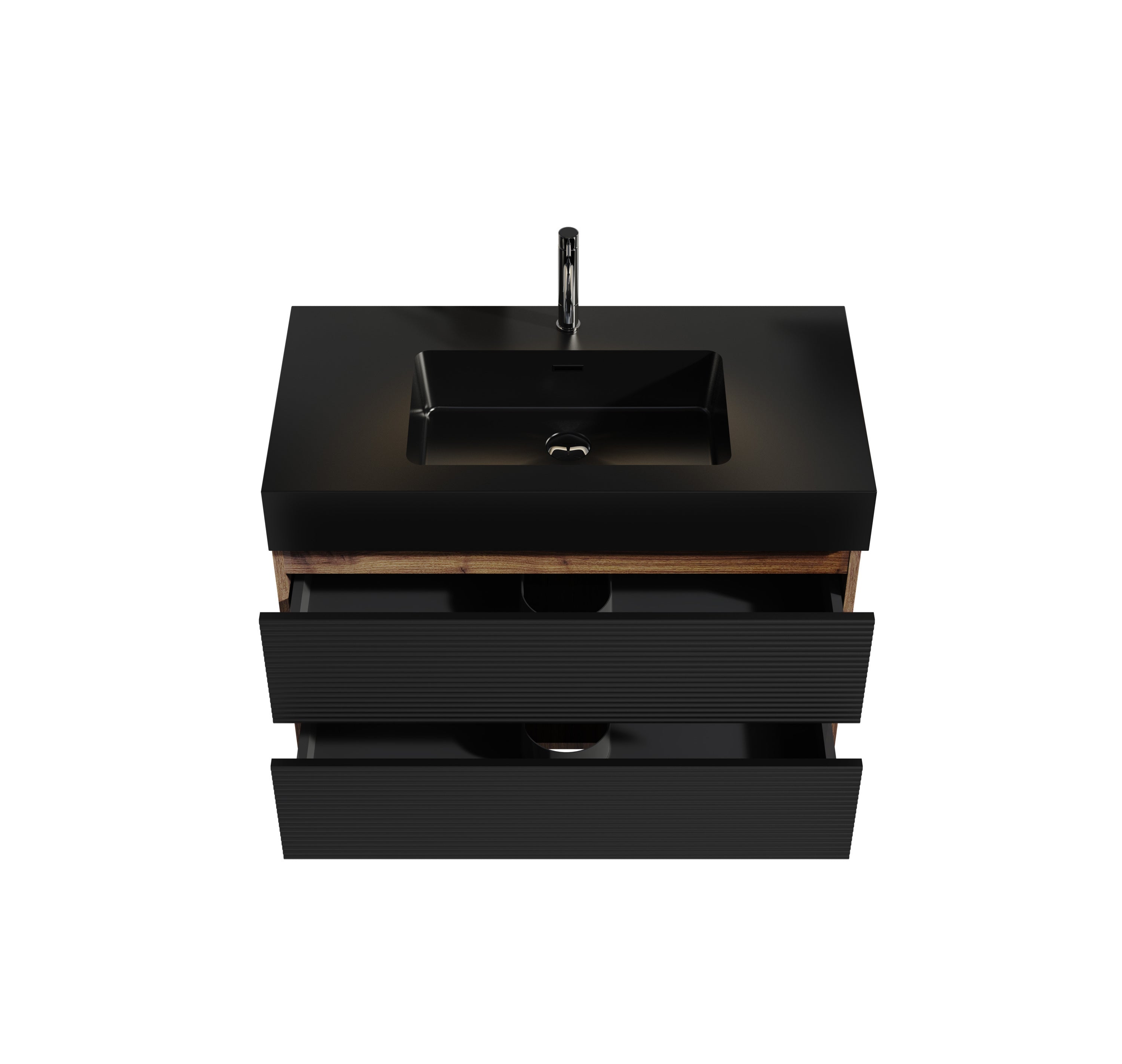 36' Walnut Bathroom Vanity with Matt Black Engineered Quartz Sink Soft Black Drawers