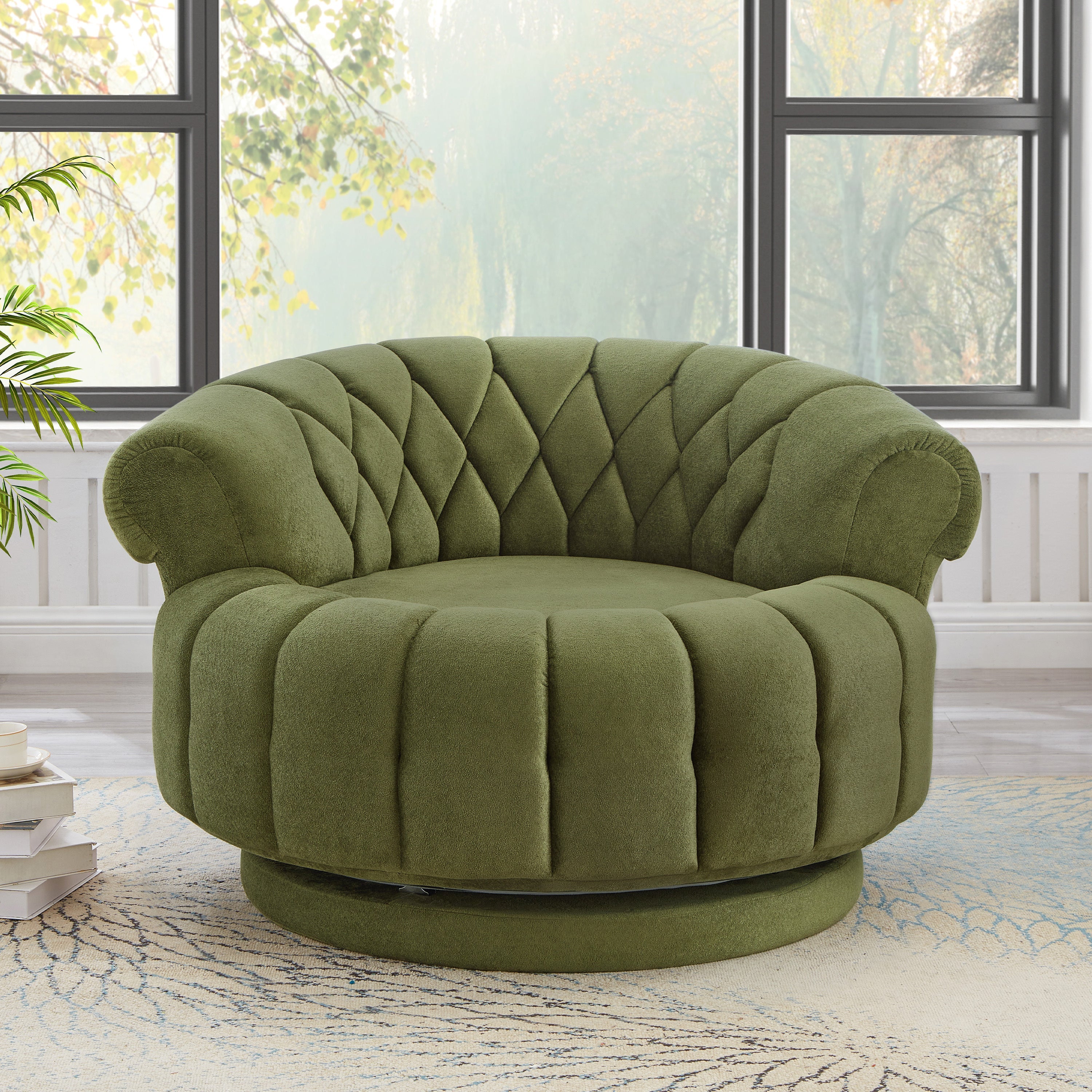 Swivel Accent Chair 360 Degree Chenille Green Oversized Round 45.9x42.7 In