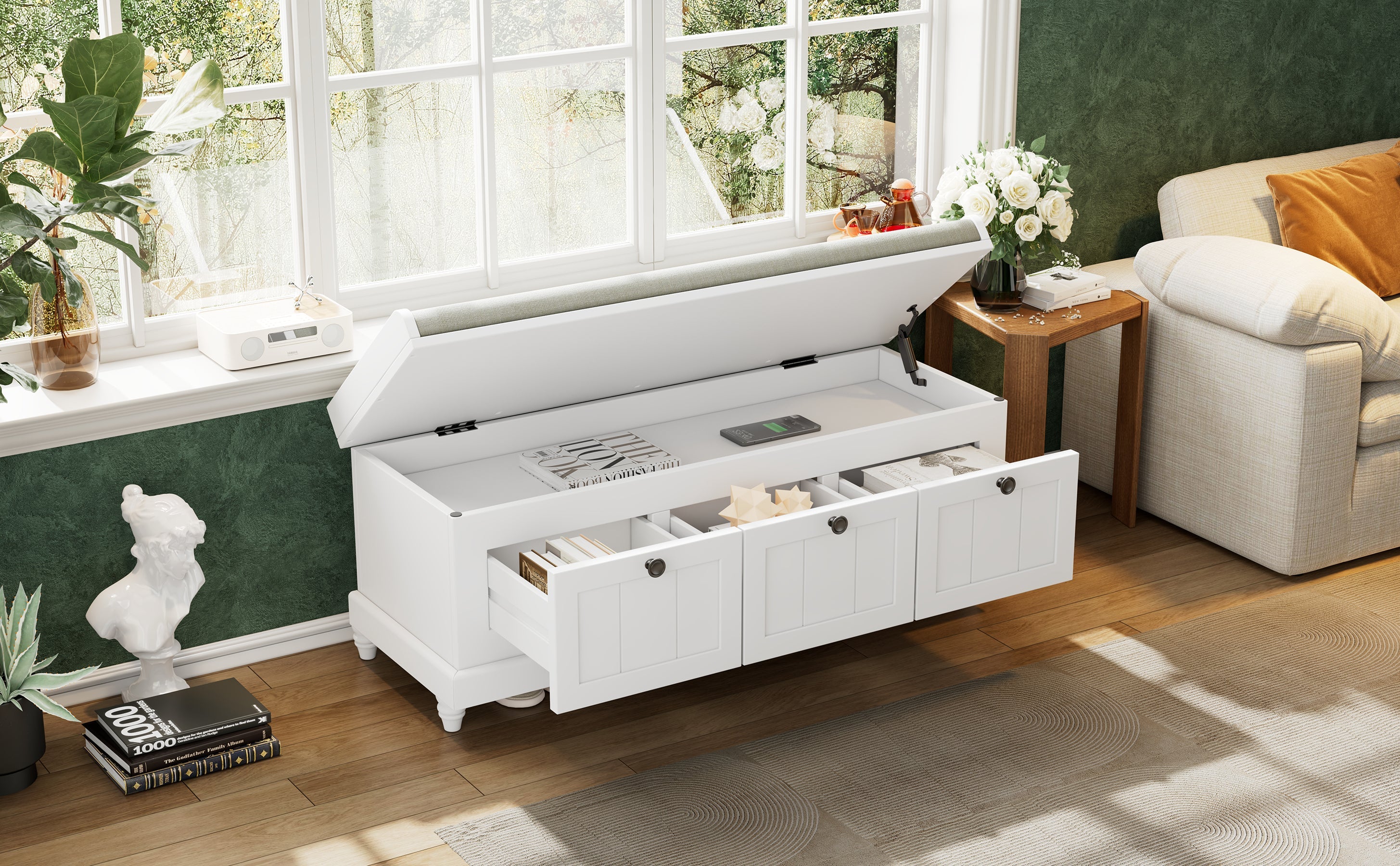 Entry Bench Fluted MDF White Cushioned Seat 3 Drawers 44x16x19