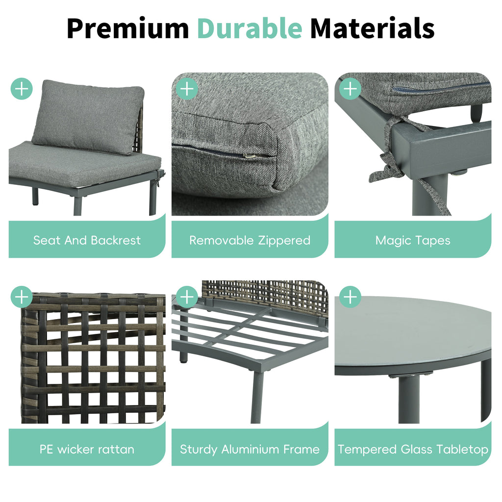 Outdoor Patio Set Half Moon Wicker Aluminum Gray 8 Piece 2 Tables