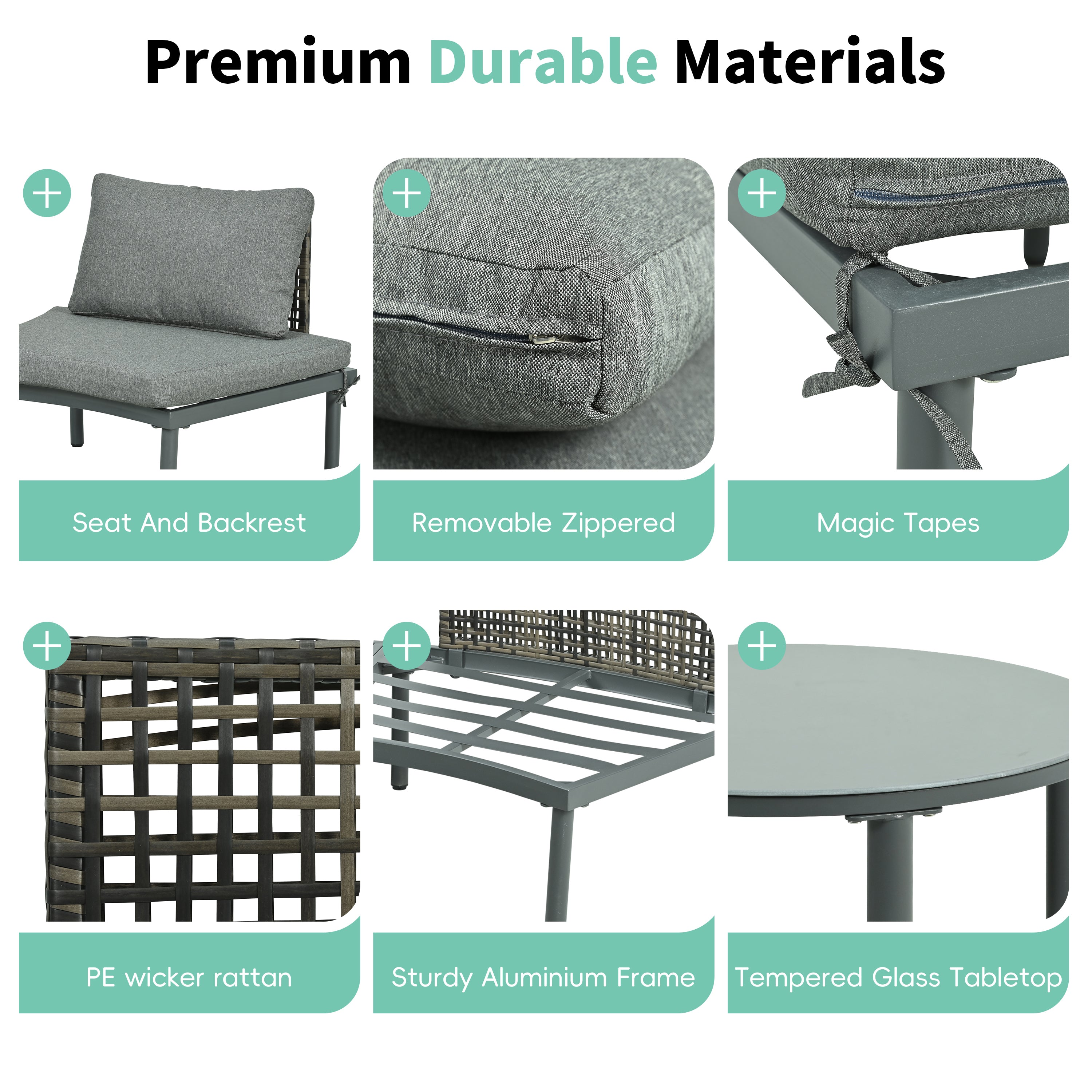 Outdoor Patio Set Half Moon Wicker Aluminum Gray 8 Piece 2 Tables