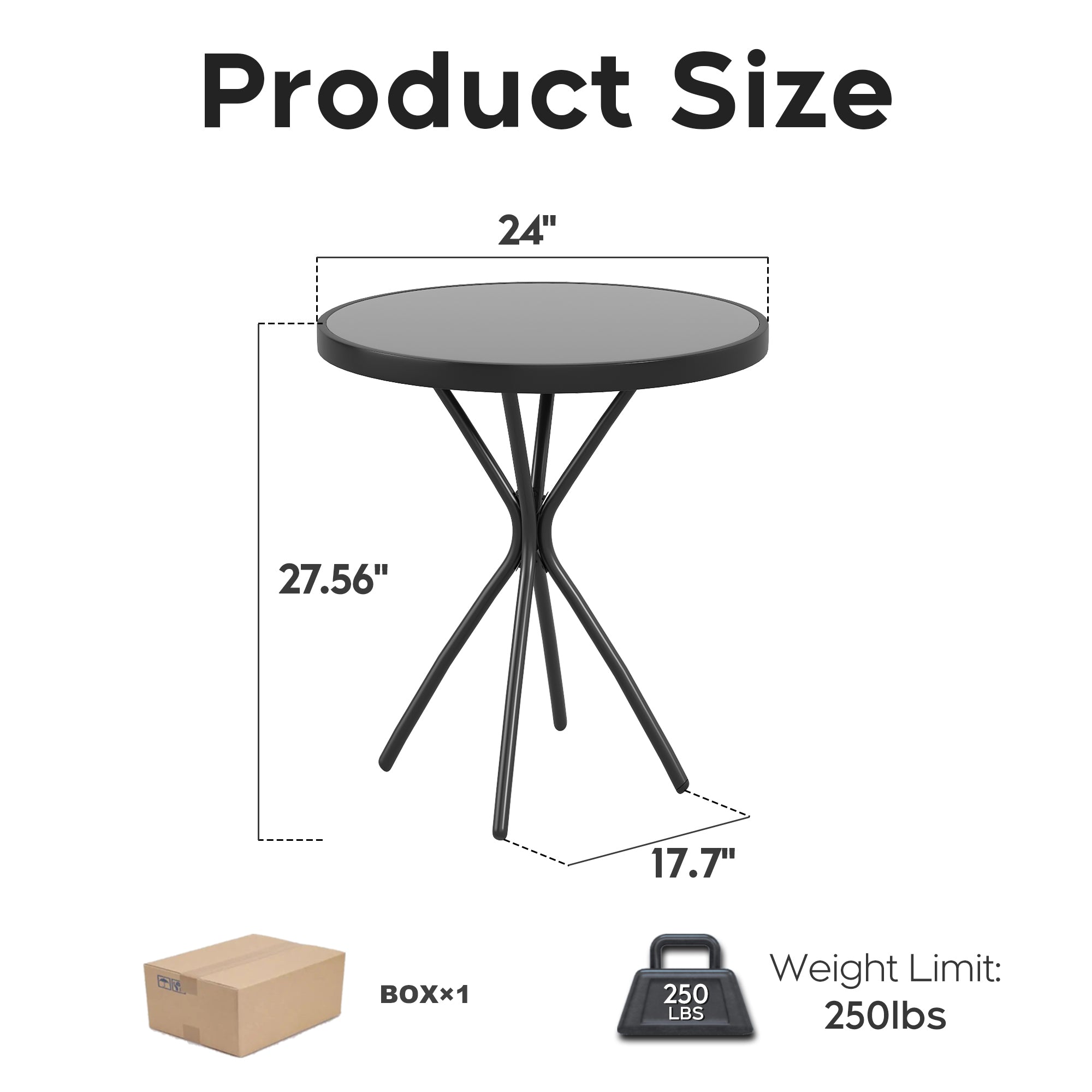Outdoor Patio Set Metal WPC Black 3 Piece Folding Chairs Glass Table 350 LB